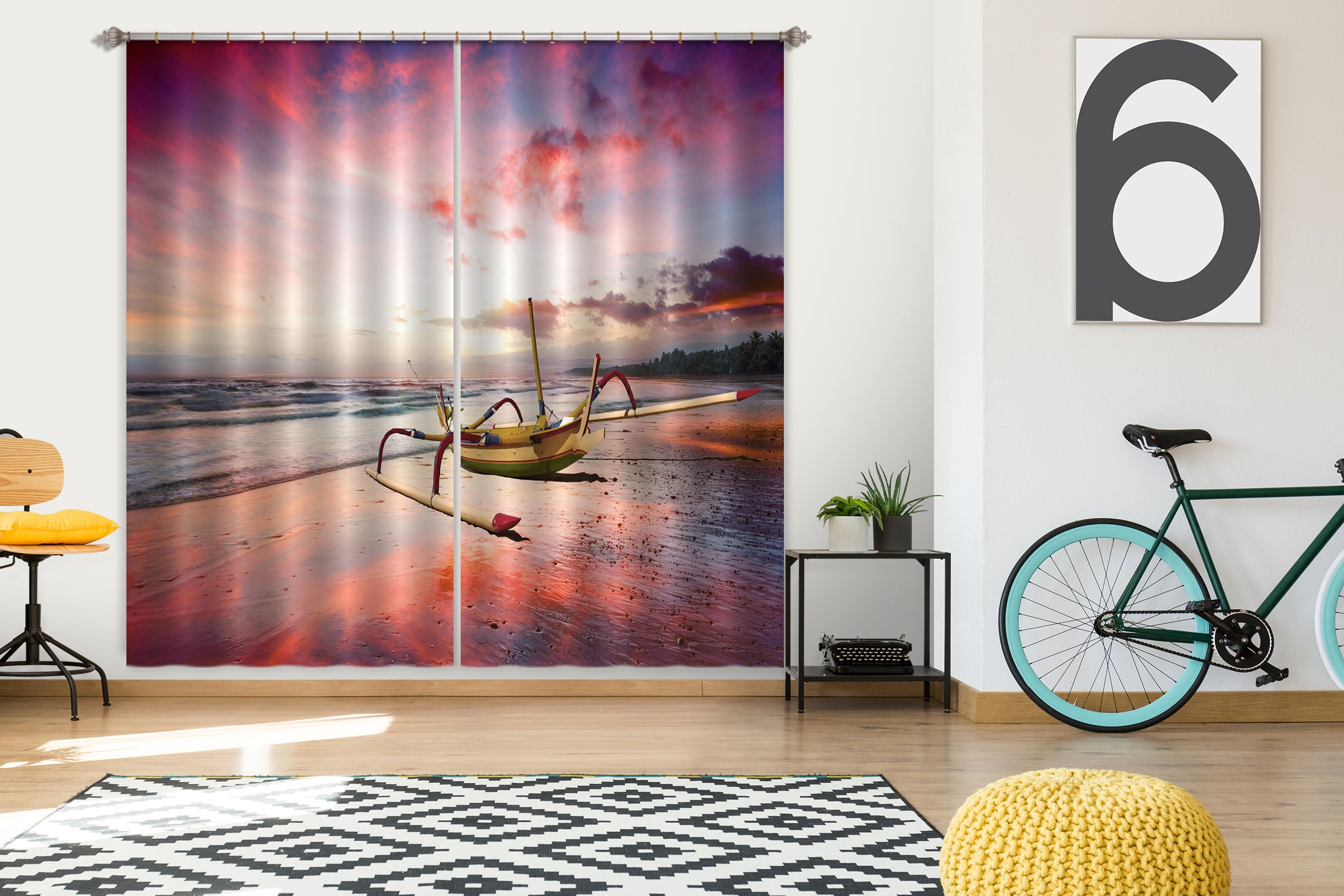 3D Sunset Beach 075 Marco Carmassi Curtain Curtains Drapes