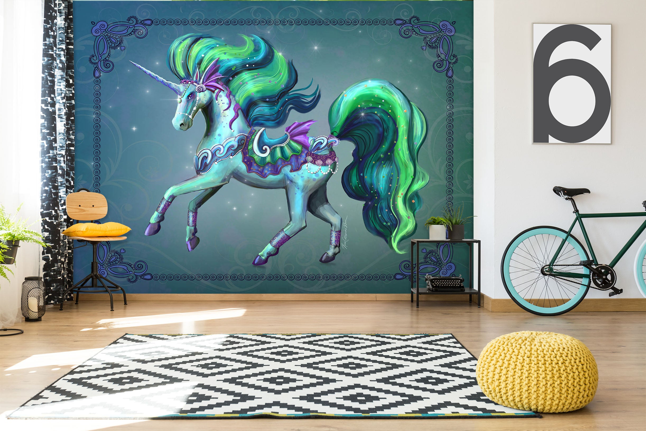 3D Green Unicorn 1415 Rose Catherine Khan Wall Mural Wall Murals