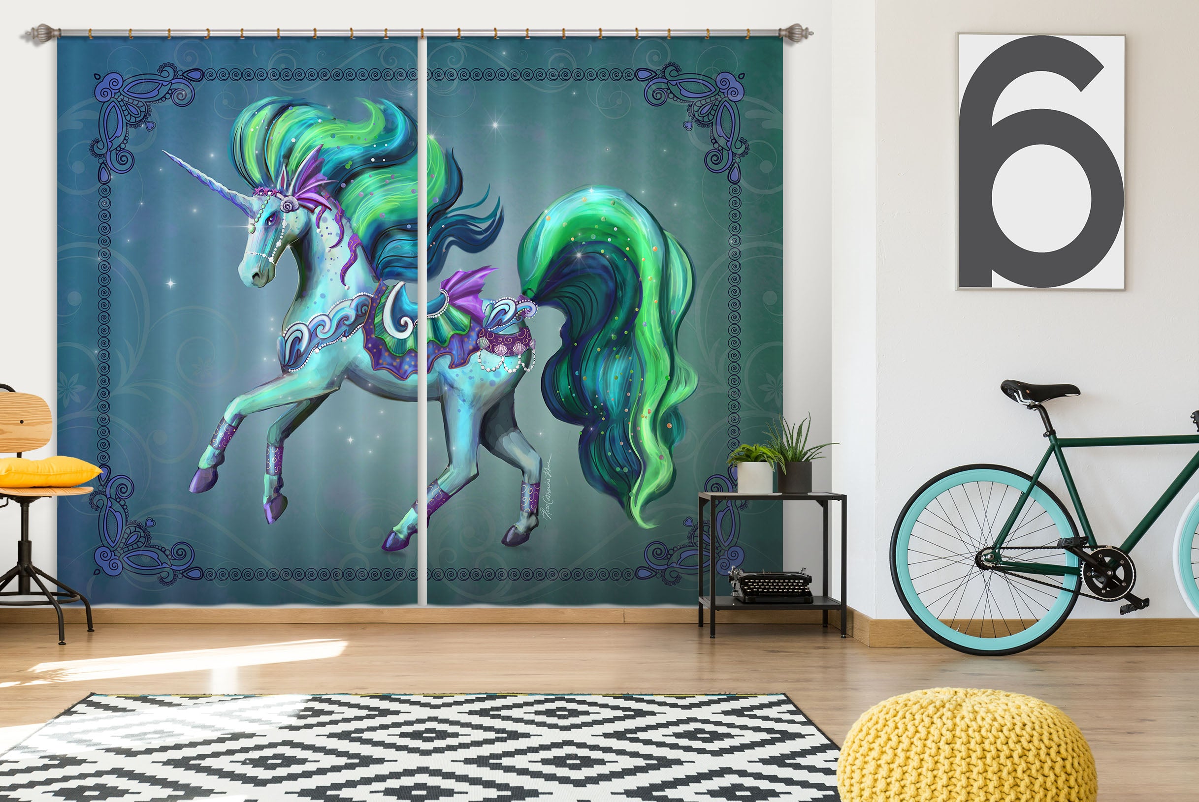 3D Green Unicorn 119 Rose Catherine Khan Curtain Curtains Drapes