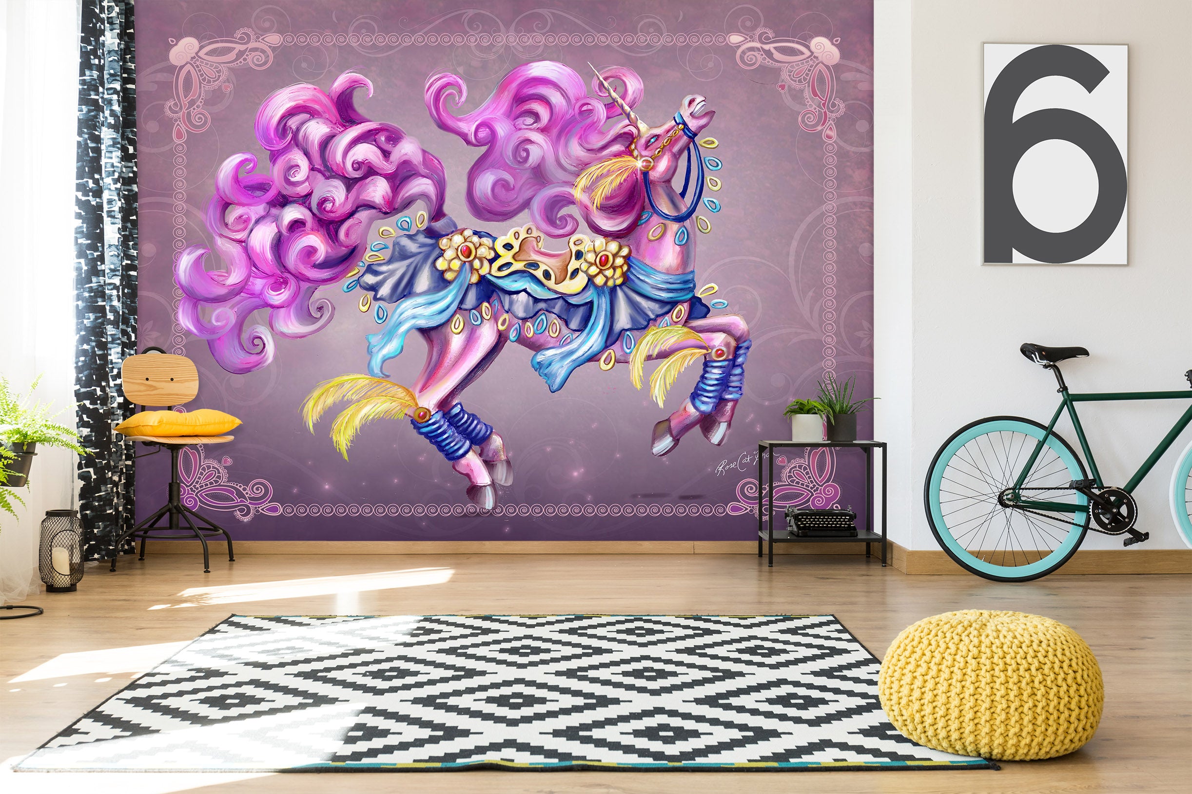 3D Purple Unicorn 102 Rose Catherine Khan Wall Mural Wall Murals