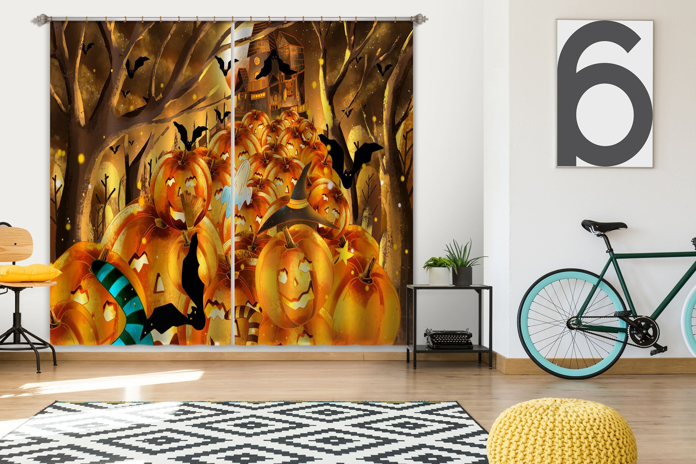3D Bat Ghost Pumpkin 028 Halloween Curtains Drapes Curtains AJ Creativity Home 