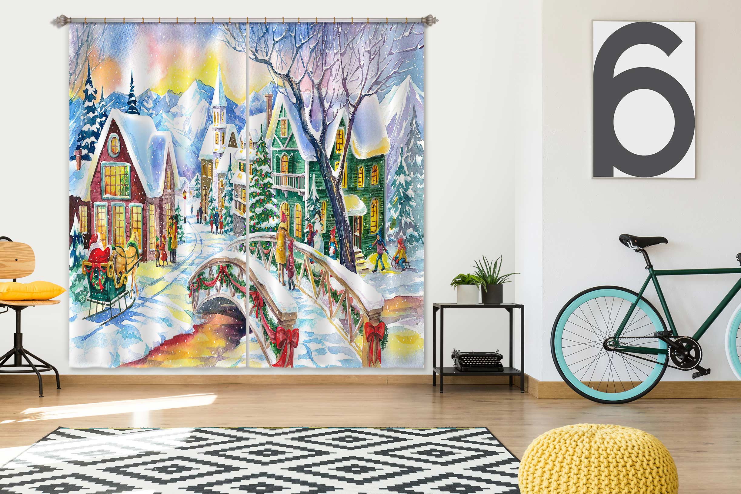 3D Snow House Bridge 53132 Christmas Curtains Drapes Xmas