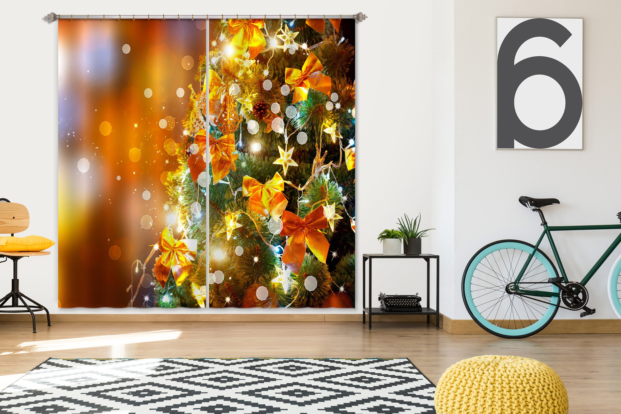 3D Tree Golden Bow 53067 Christmas Curtains Drapes Xmas