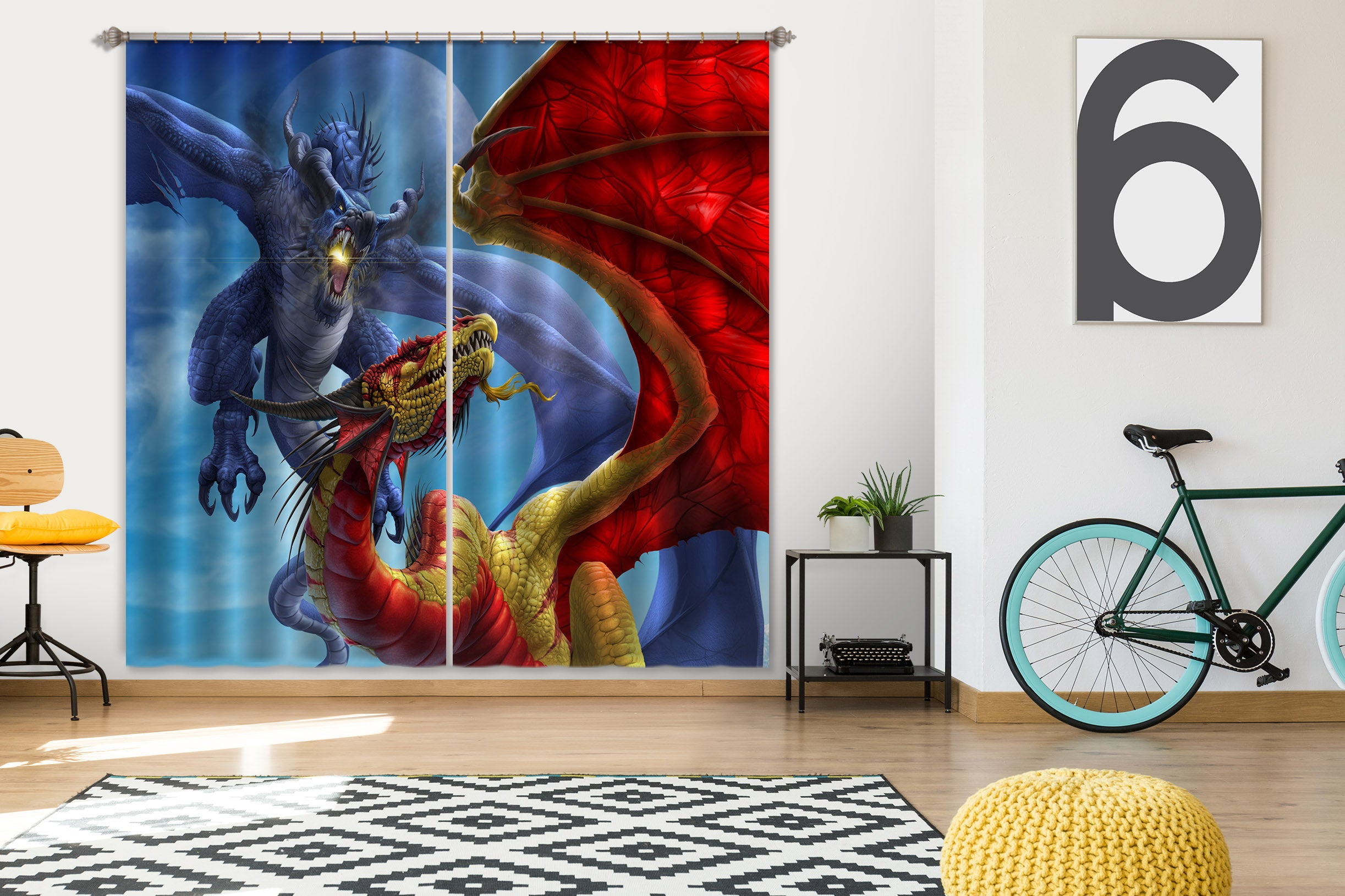 3D Blue Red Dragon 5091 Tom Wood Curtain Curtains Drapes