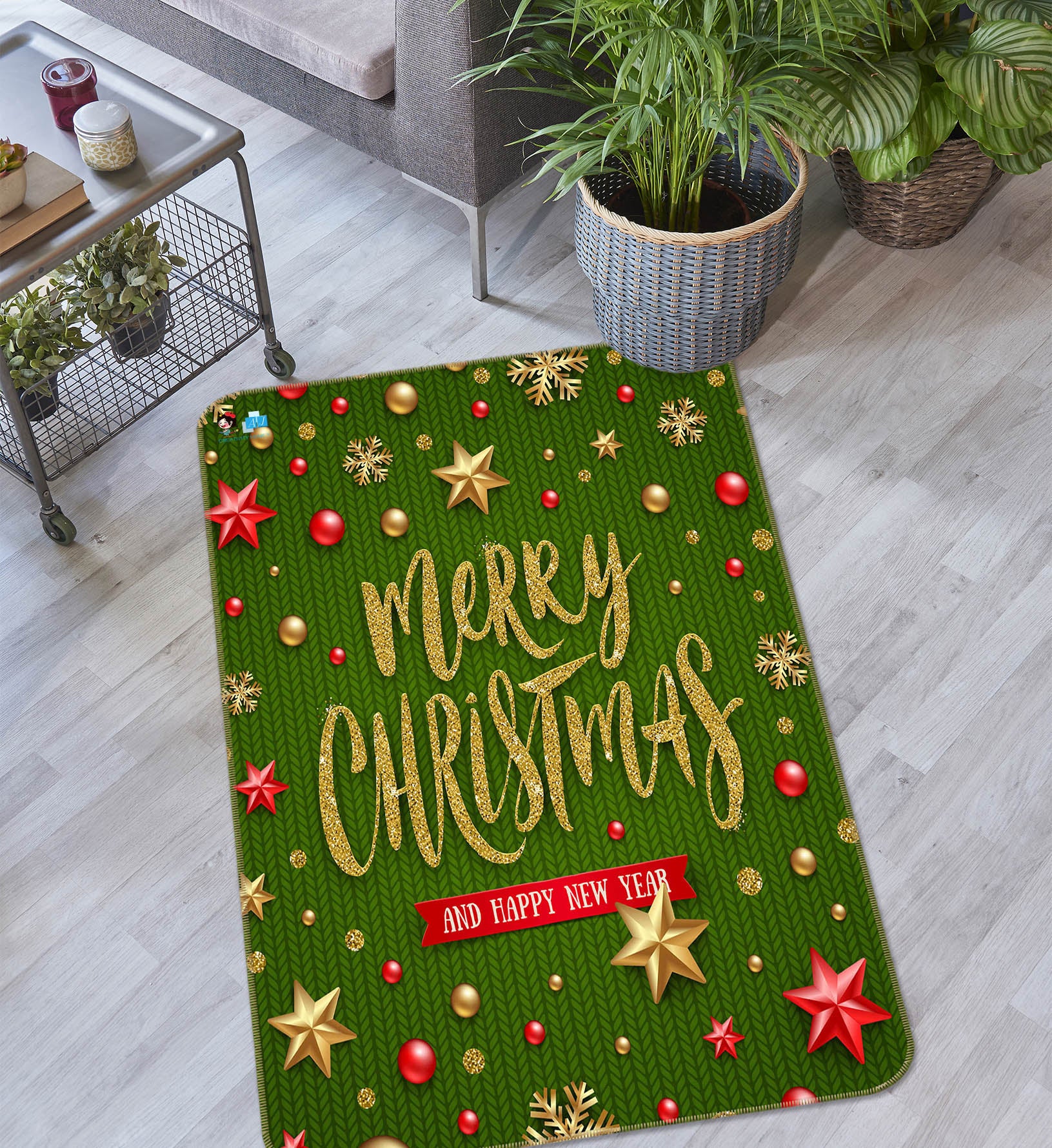 3D Gold Letters Green Background 57034 Christmas Non Slip Rug Mat Xmas