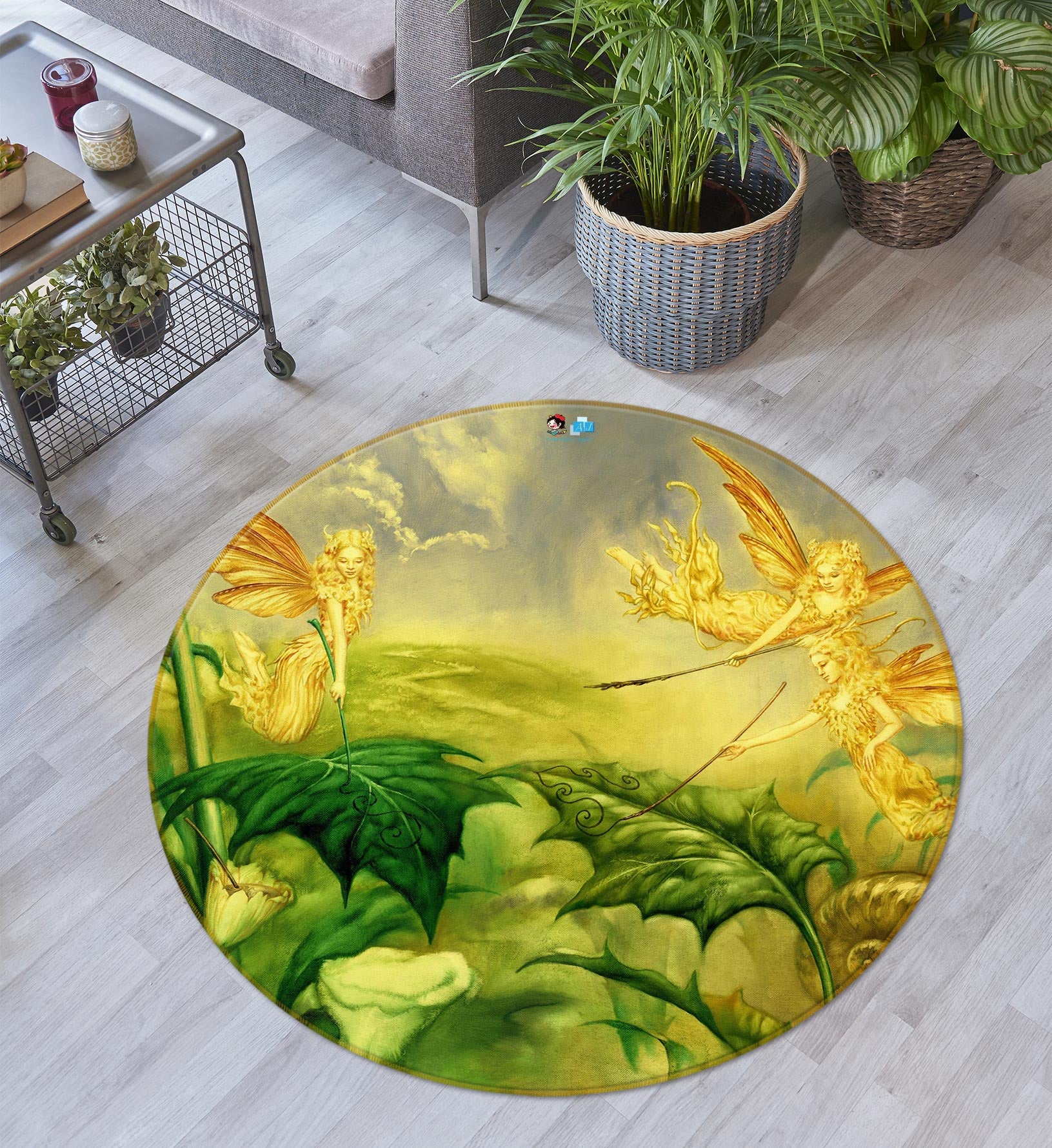 3D Leaves Golden Elf 6132 Ciruelo Rug Round Non Slip Rug Mat