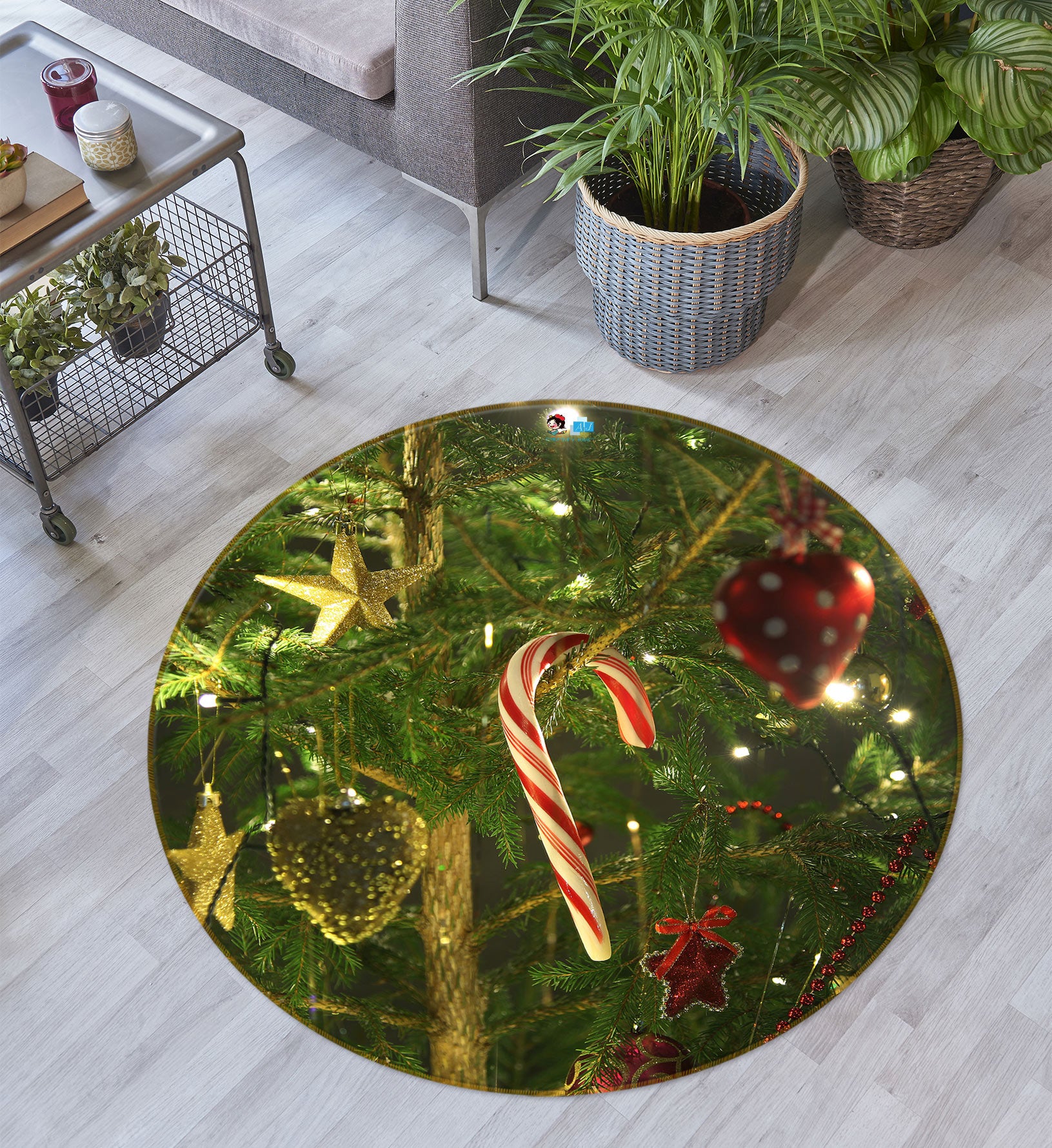 3D Tree Candy Cane 55169 Christmas Round Non Slip Rug Mat Xmas