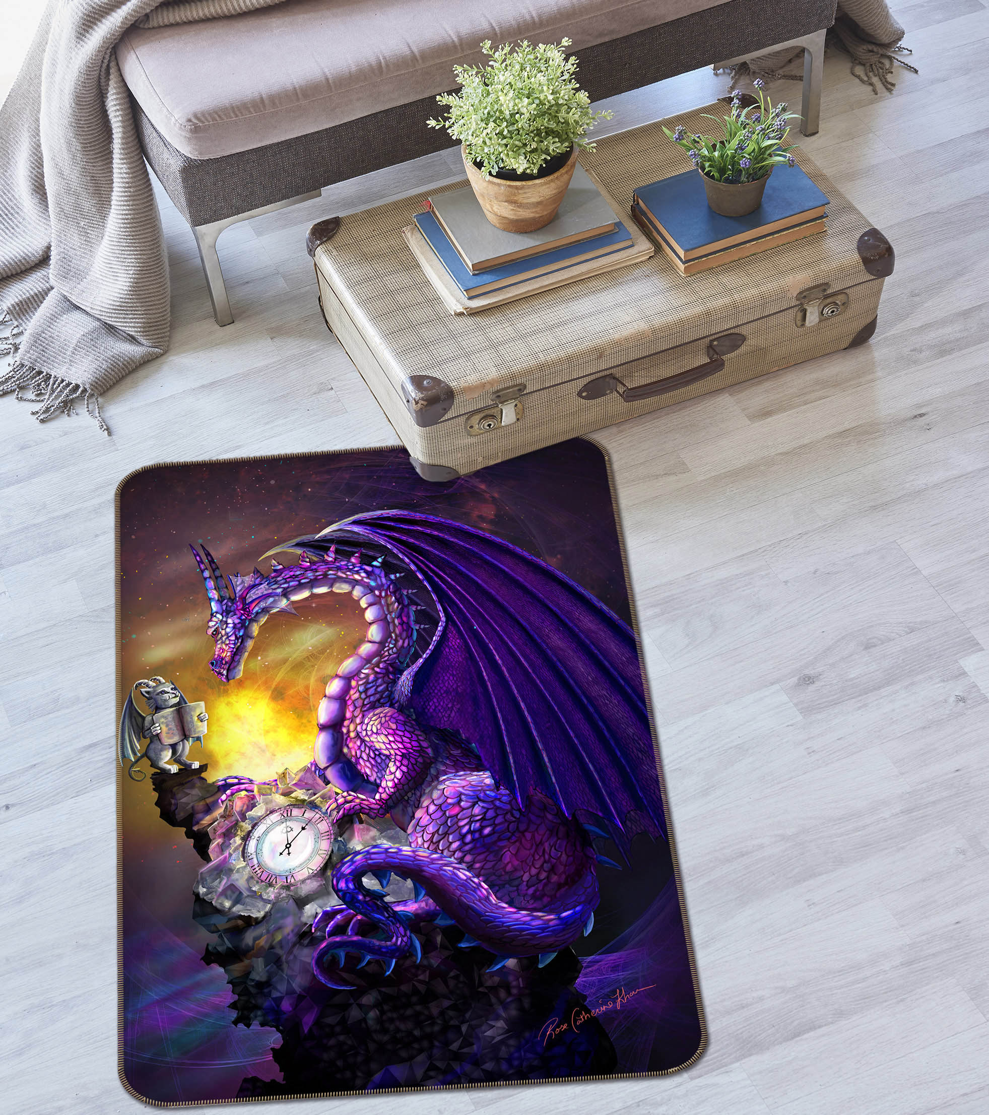 3D Clock Dragon 3035 Rose Catherine Khan Rug Non Slip Rug Mat