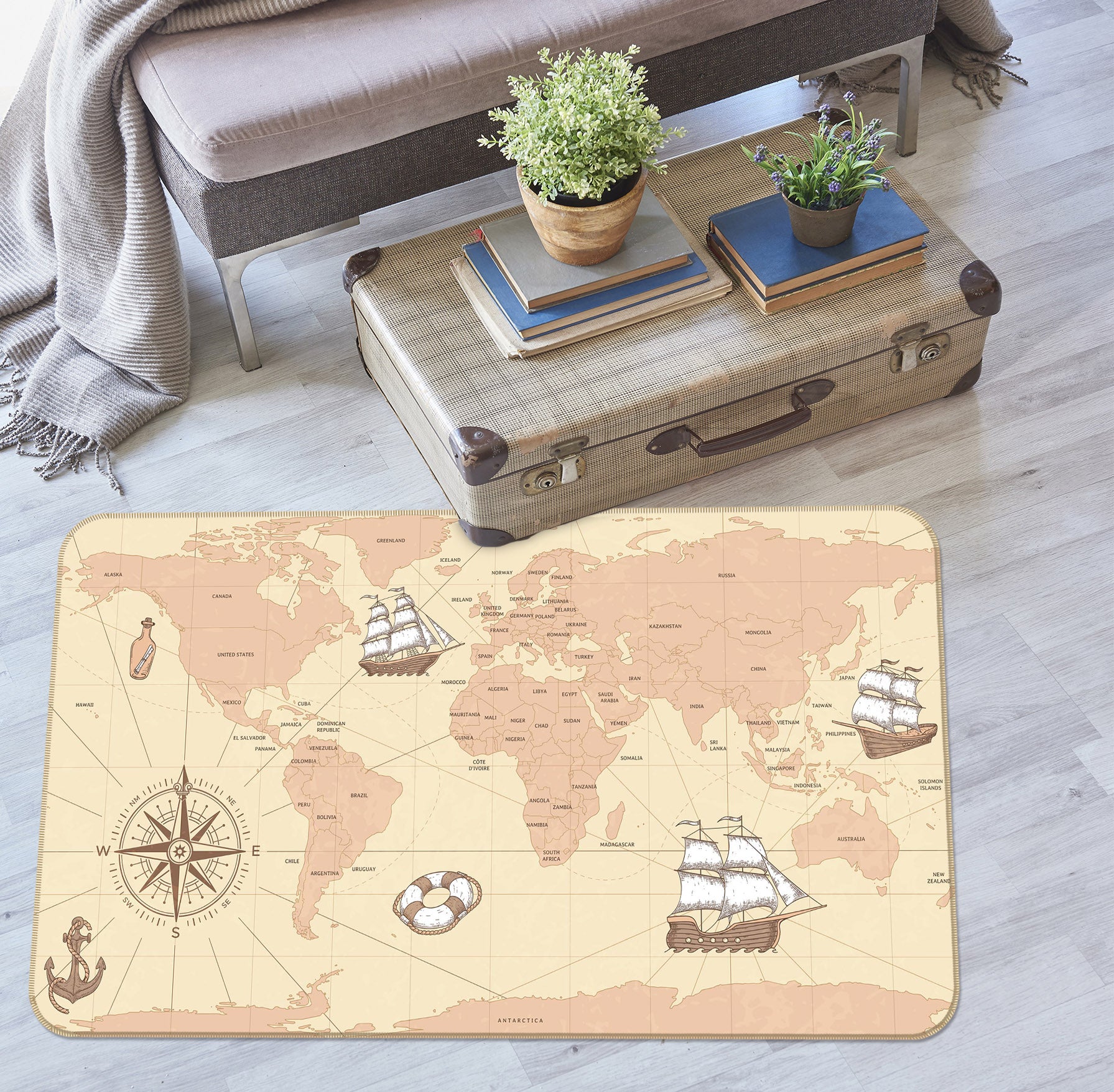 3D Cute Boat 2001 World Map Non Slip Rug Mat