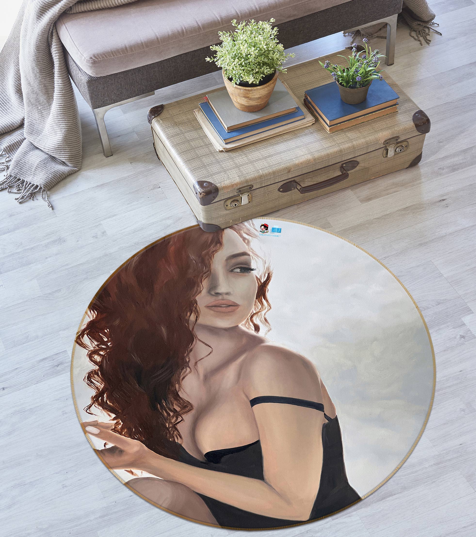 3D Woman Red Curly Hair Black Dress 9732 Marina Zotova Rug Round Non Slip Rug Mat