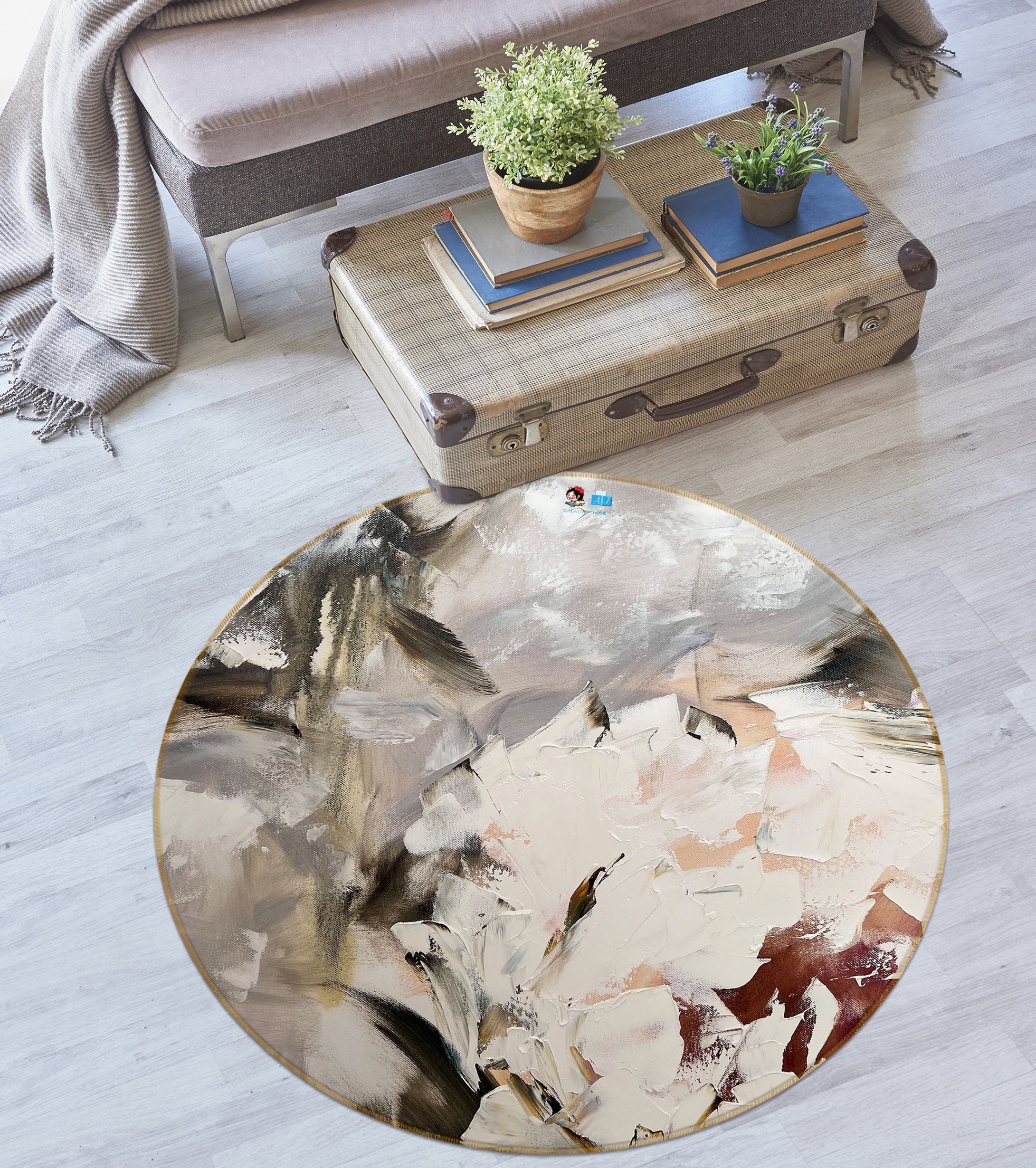 3D White Flower 3904 Skromova Marina Rug Round Non Slip Rug Mat