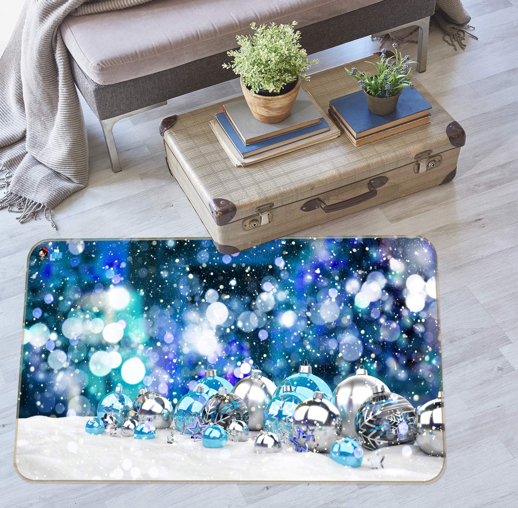 3D Silver Blue Ball 56131 Christmas Non Slip Rug Mat Xmas