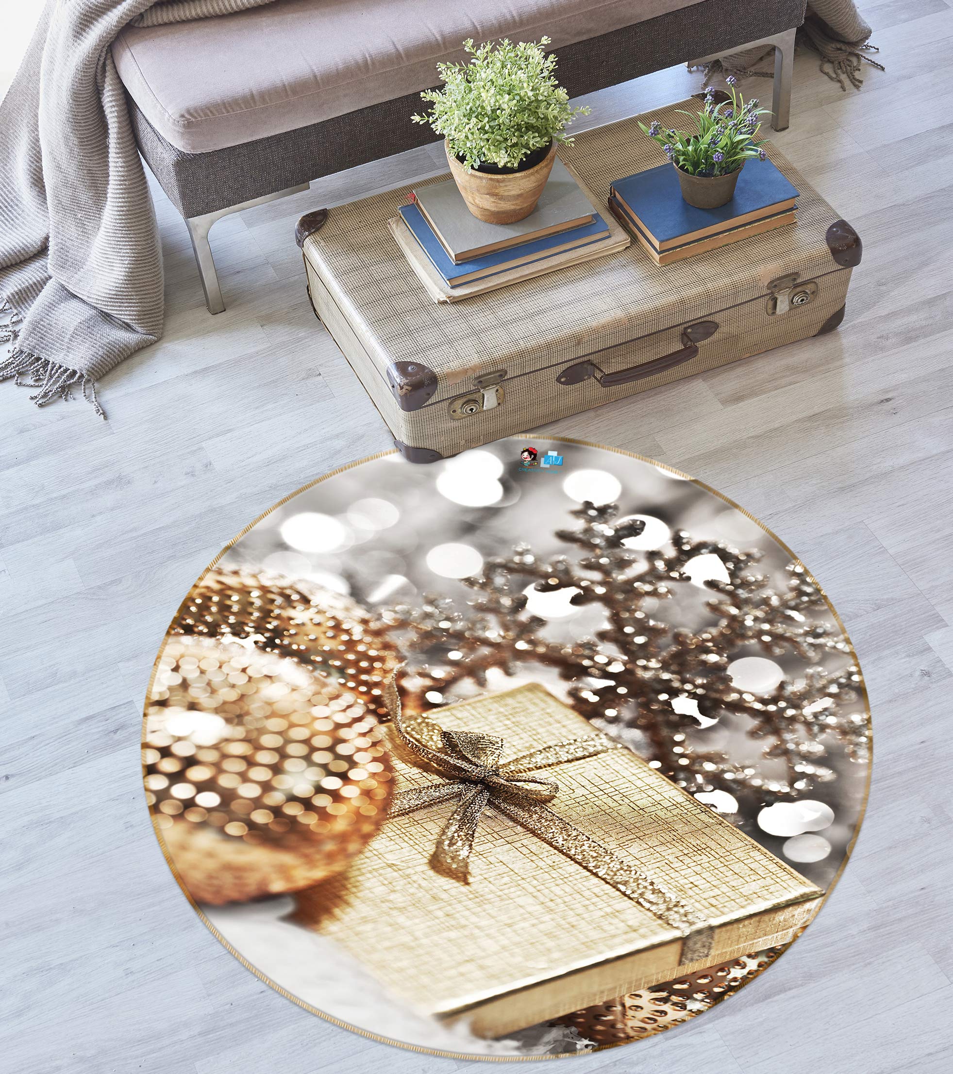 3D Golden Ball Gift Box 55163 Christmas Round Non Slip Rug Mat Xmas