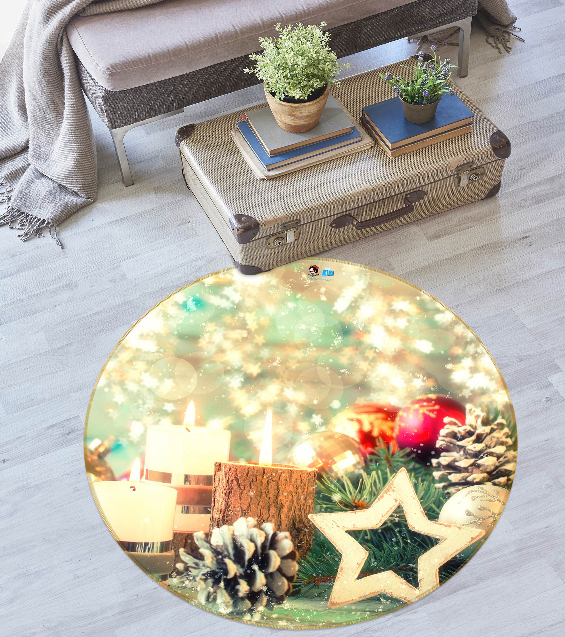 3D Five-Pointed Star Pineta 55180 Christmas Round Non Slip Rug Mat Xmas