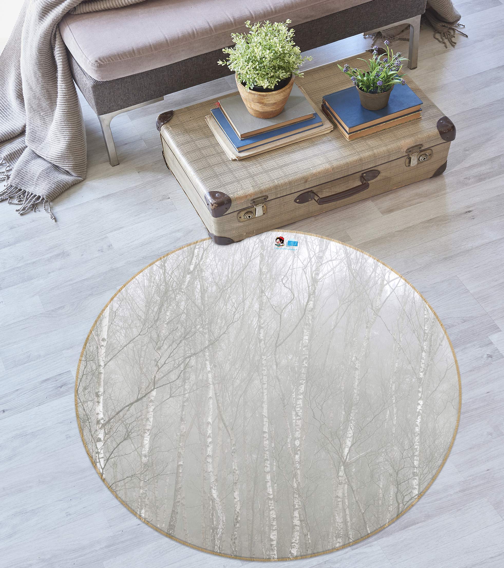 3D White Woods 7608 Assaf Frank Rug Round Non Slip Rug Mat
