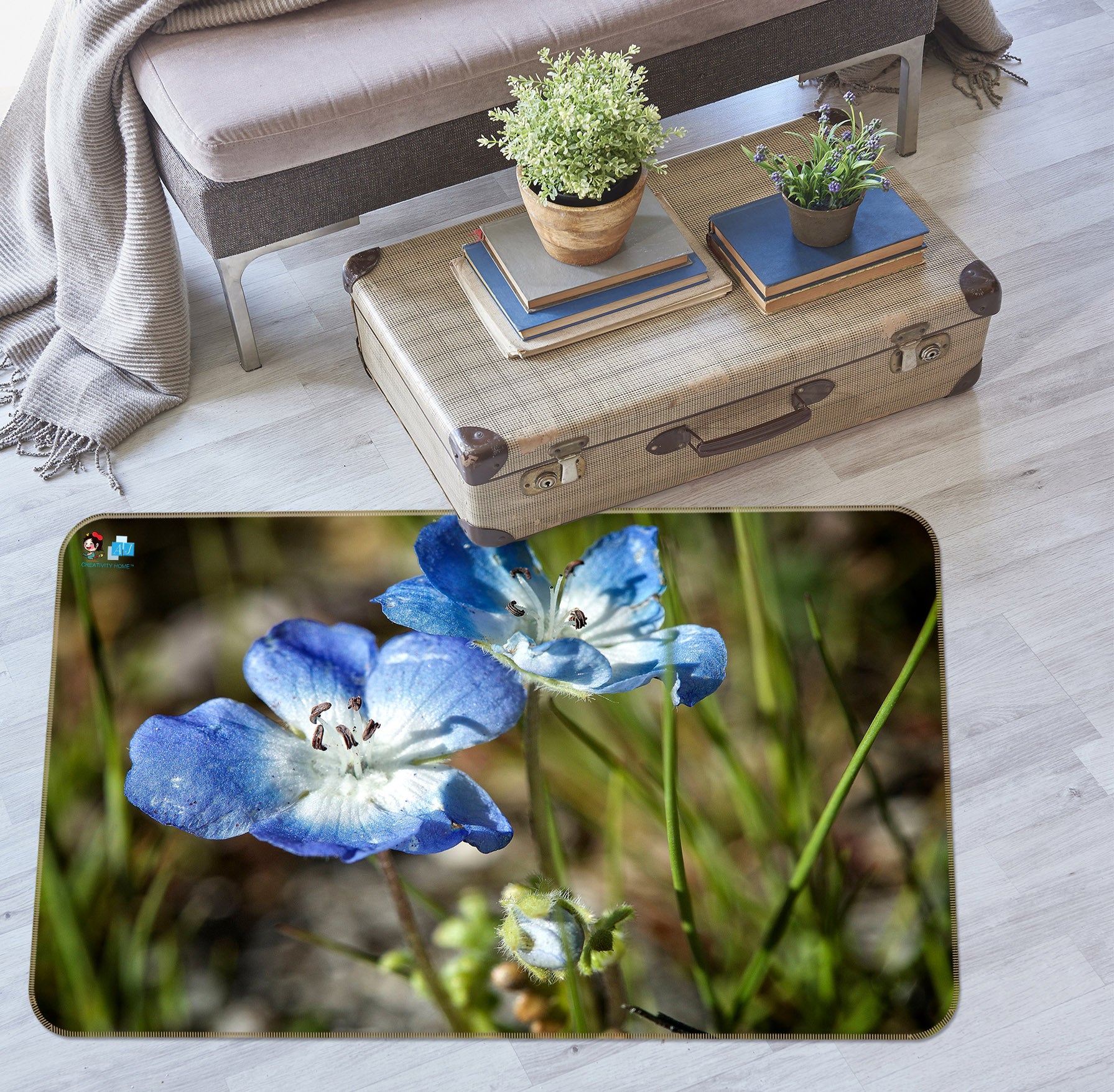 3D Blue Flowers 62201 Kathy Barefield Rug Non Slip Rug Mat