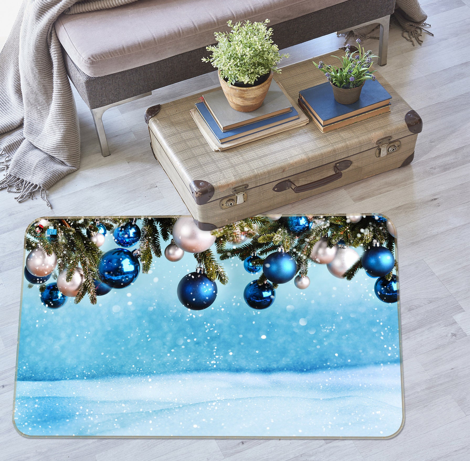 3D Branches Blue Ball 56245 Christmas Non Slip Rug Mat Xmas