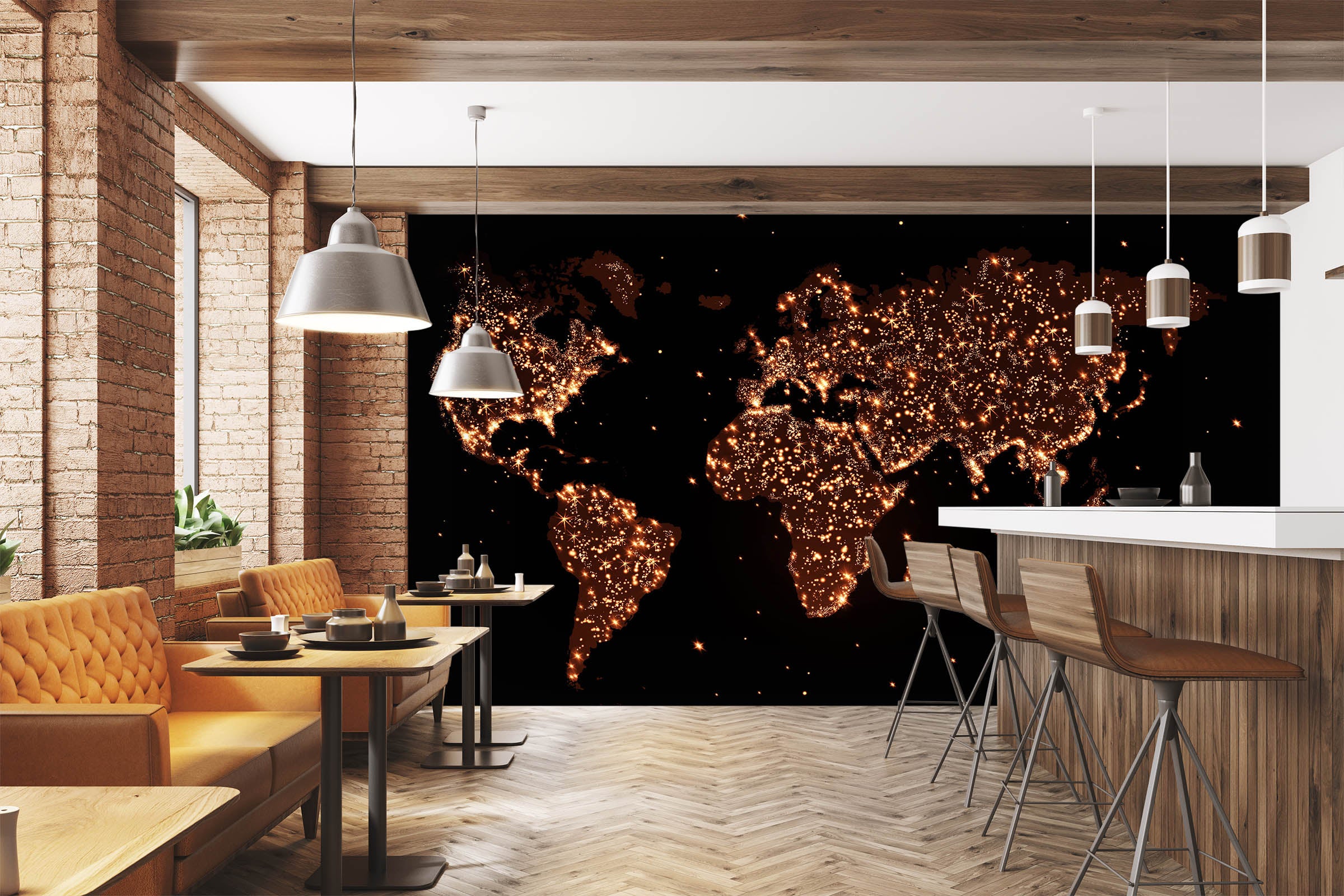 3D Golden Lights 2054 World Map Wall Murals