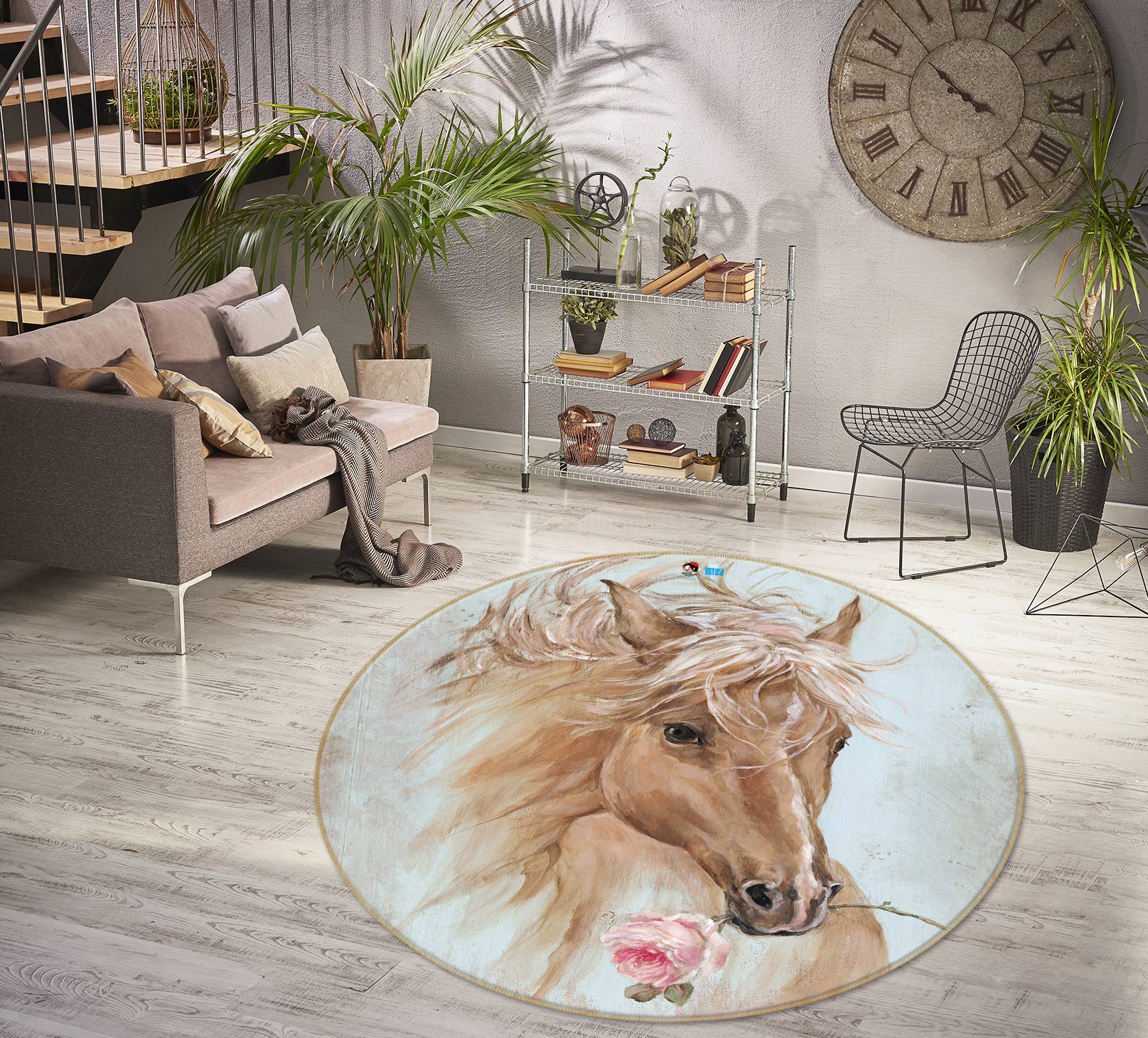 3D Horse With Flowers 1205 Debi Coules Rug Round Non Slip Rug Mat