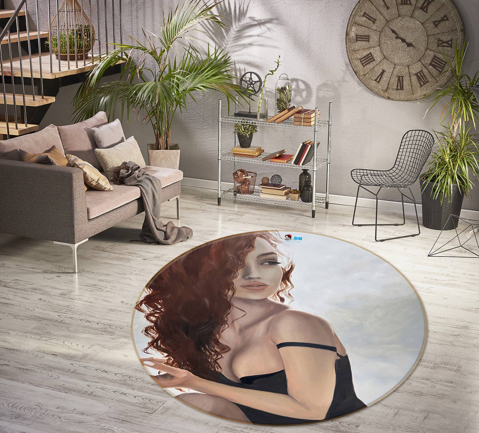 3D Woman Red Curly Hair Black Dress 9732 Marina Zotova Rug Round Non Slip Rug Mat