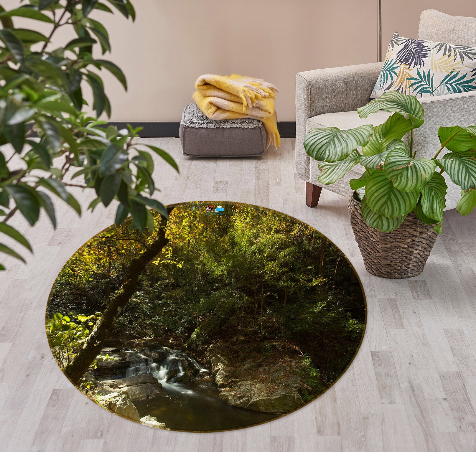 3D Trees Stream 11194 Kathy Barefield Rug Round Non Slip Rug Mat