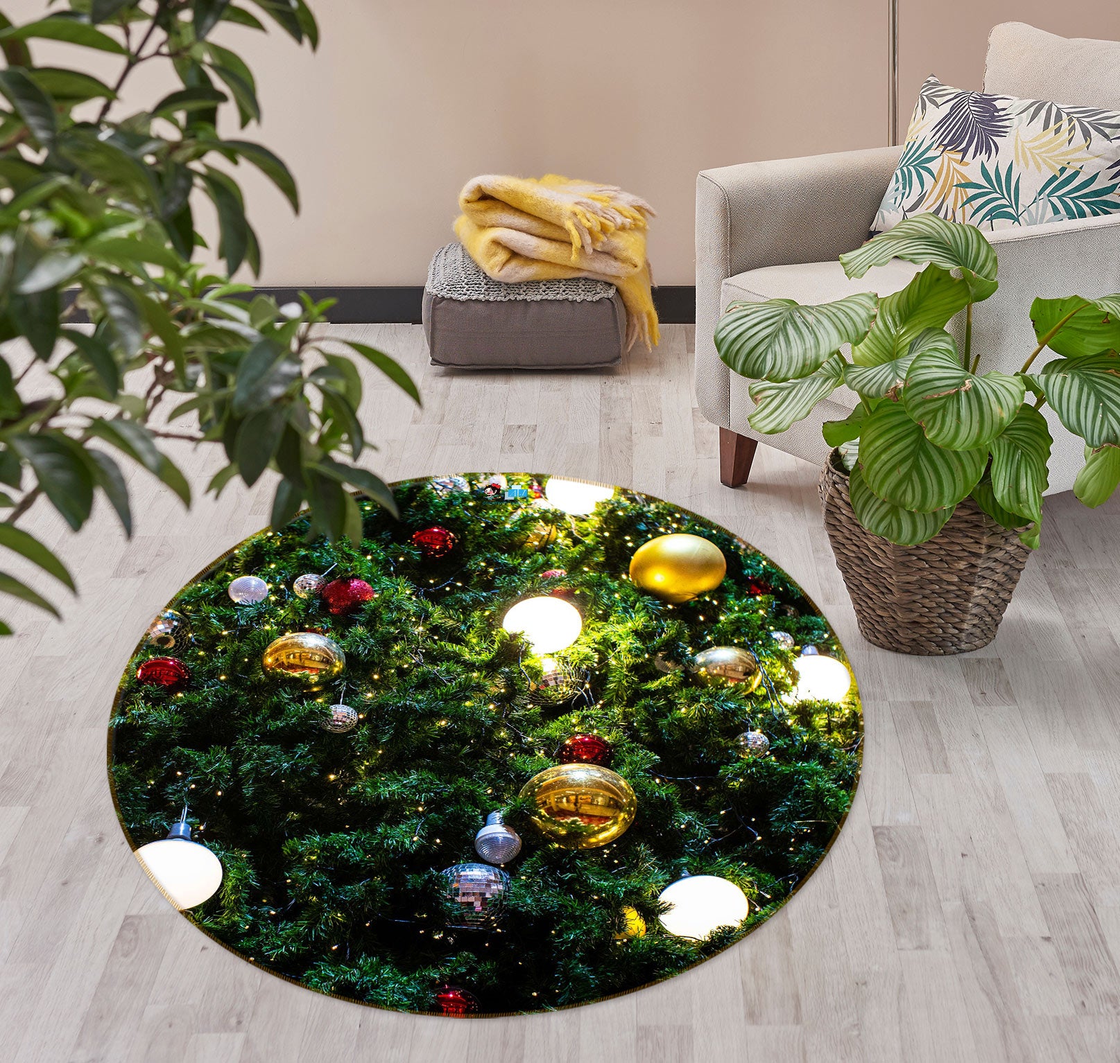 3D Tree Ball 55249 Christmas Round Non Slip Rug Mat Xmas