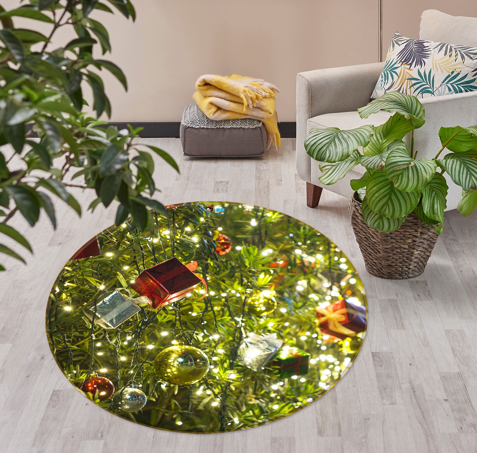 3D Tree Pendant 55214 Christmas Round Non Slip Rug Mat Xmas