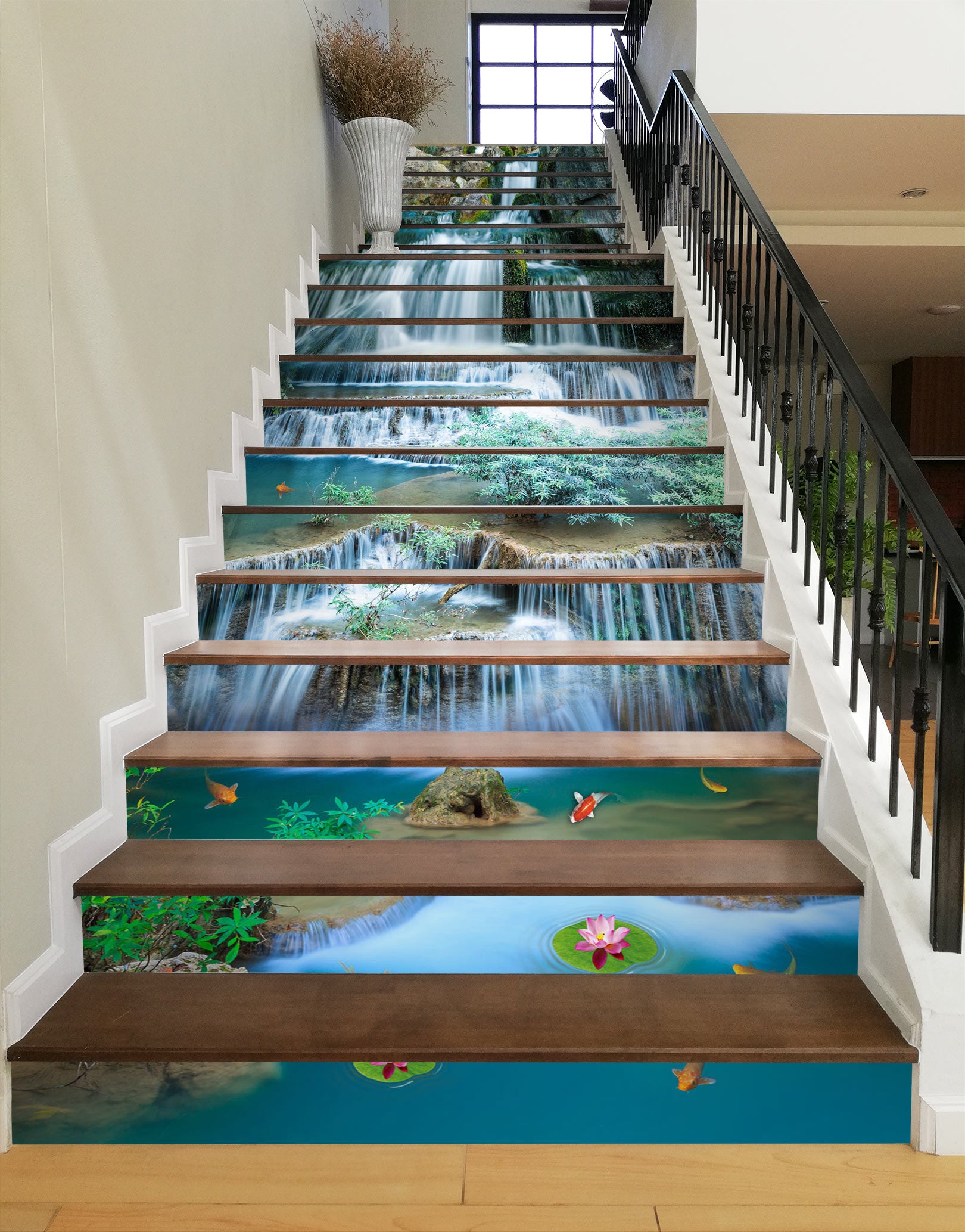 3D Misty Cascading Waterfall 064 Stair Risers