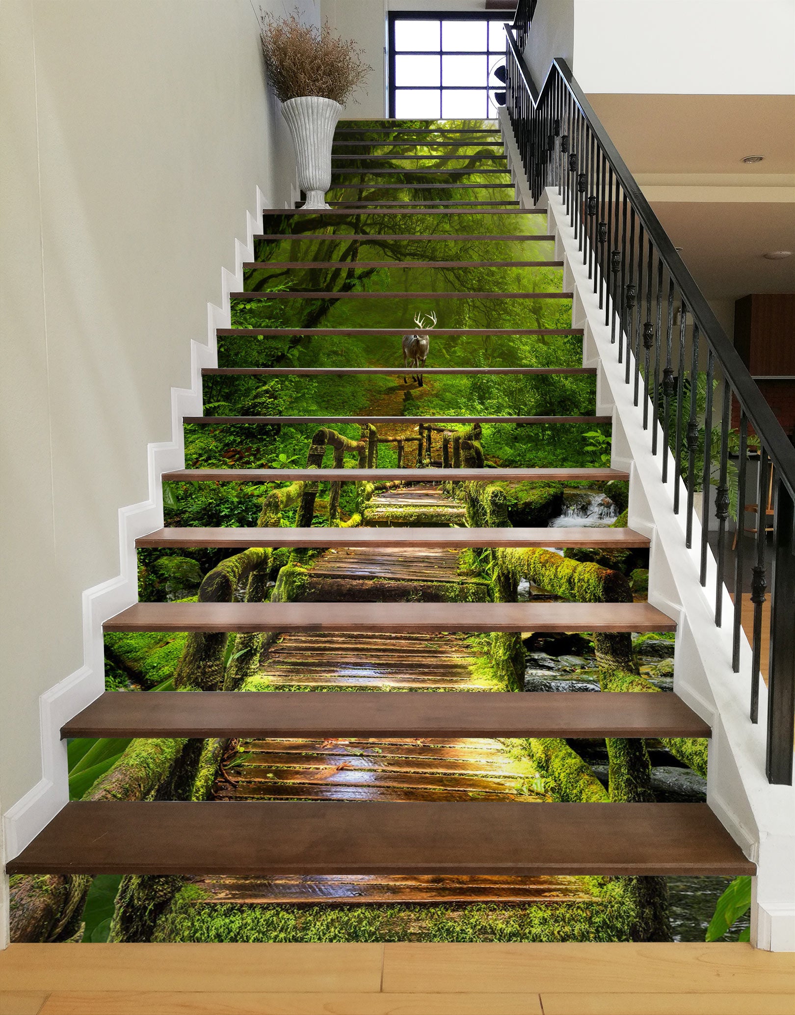 3D Wooden Bridge Winding Green 055 Stair Risers