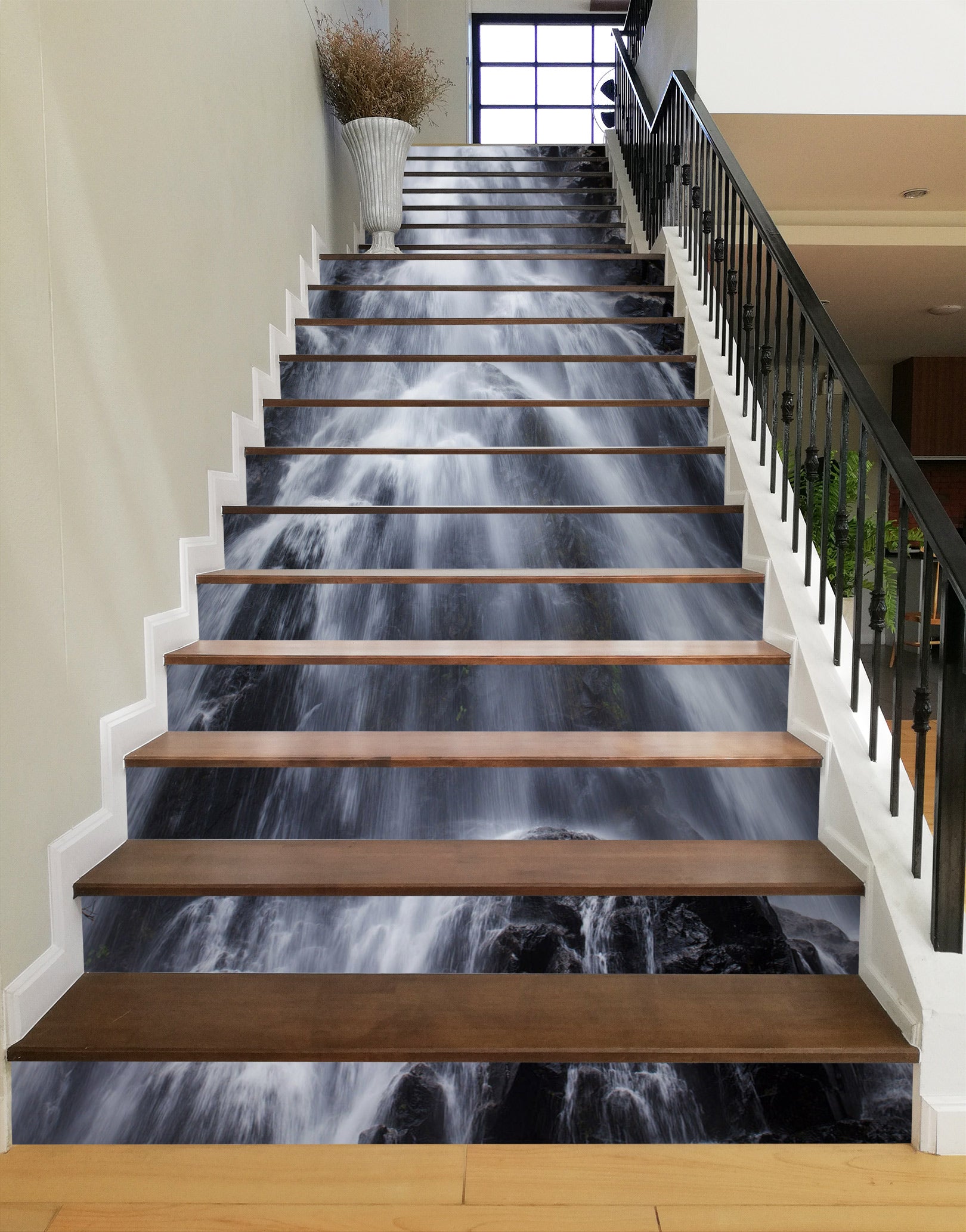 3D White Turbulent Waterfall 477 Stair Risers