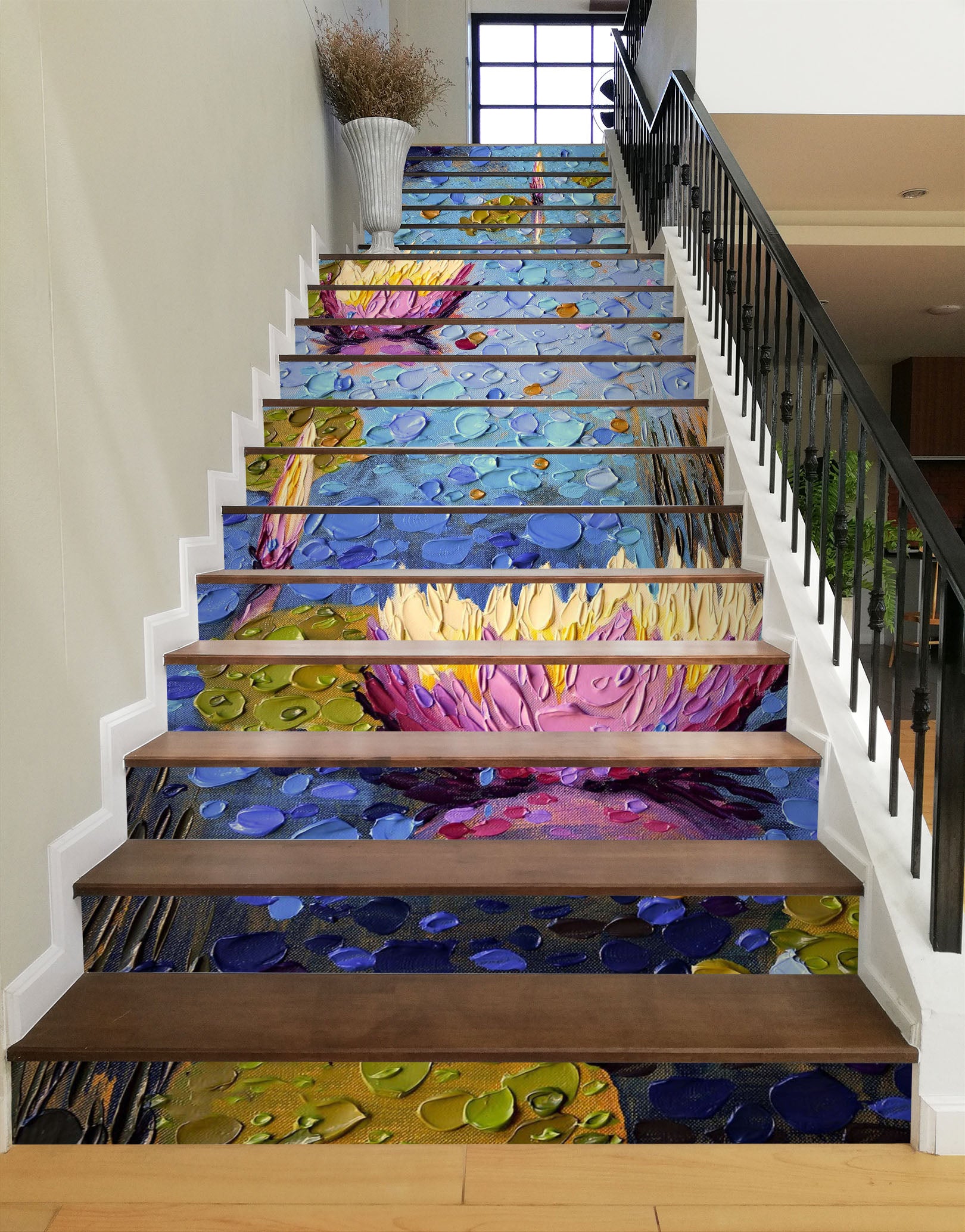 3D Purple Lotus Pond Oil Painting 96148 Dena Tollefson Stair Risers
