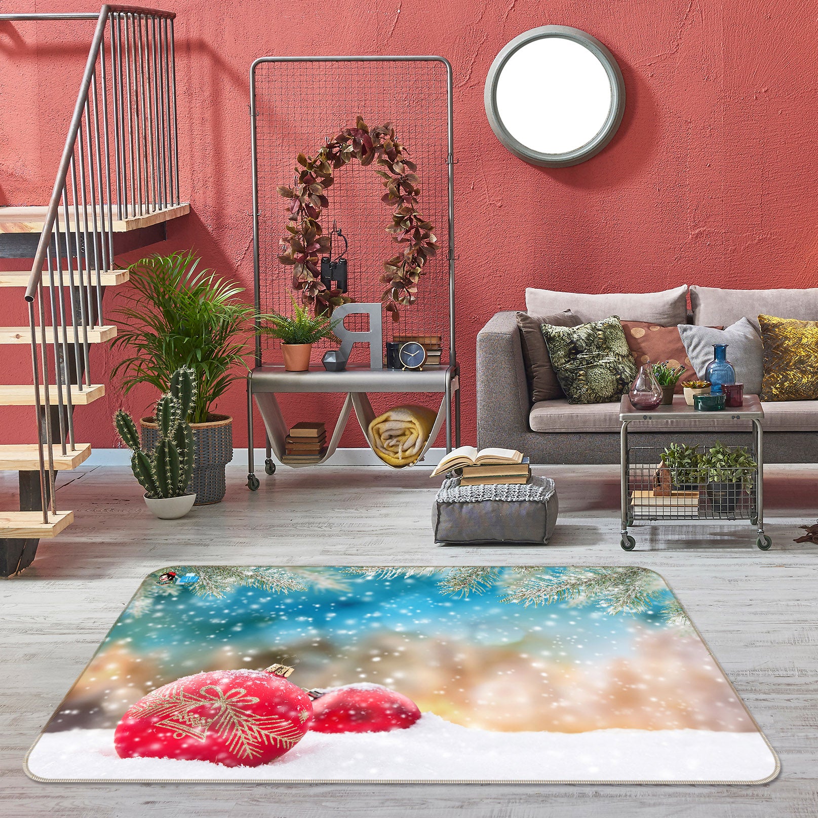3D Red Sphere Snow 56217 Christmas Non Slip Rug Mat Xmas