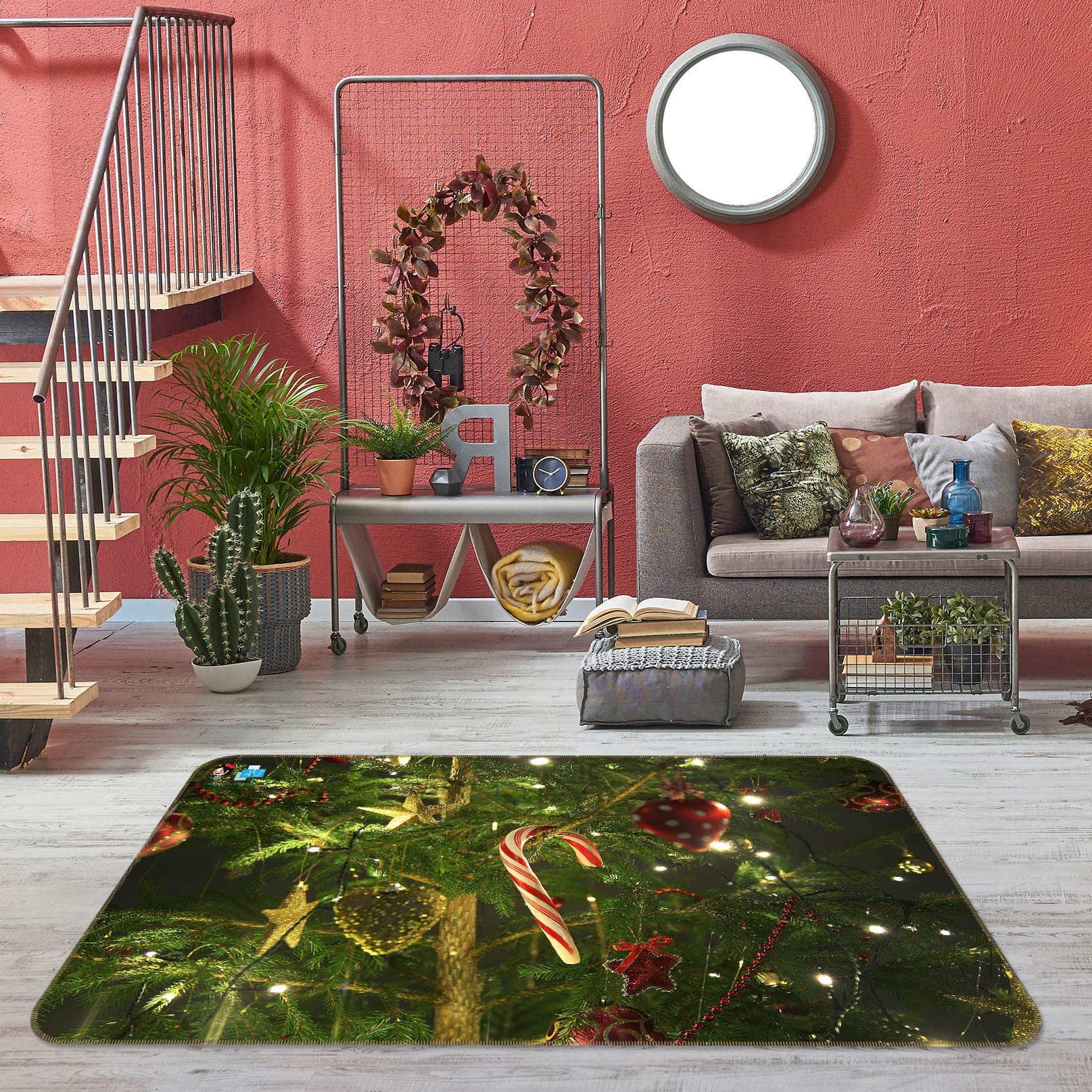 3D Cane Ball Pendant 56103 Christmas Non Slip Rug Mat Xmas