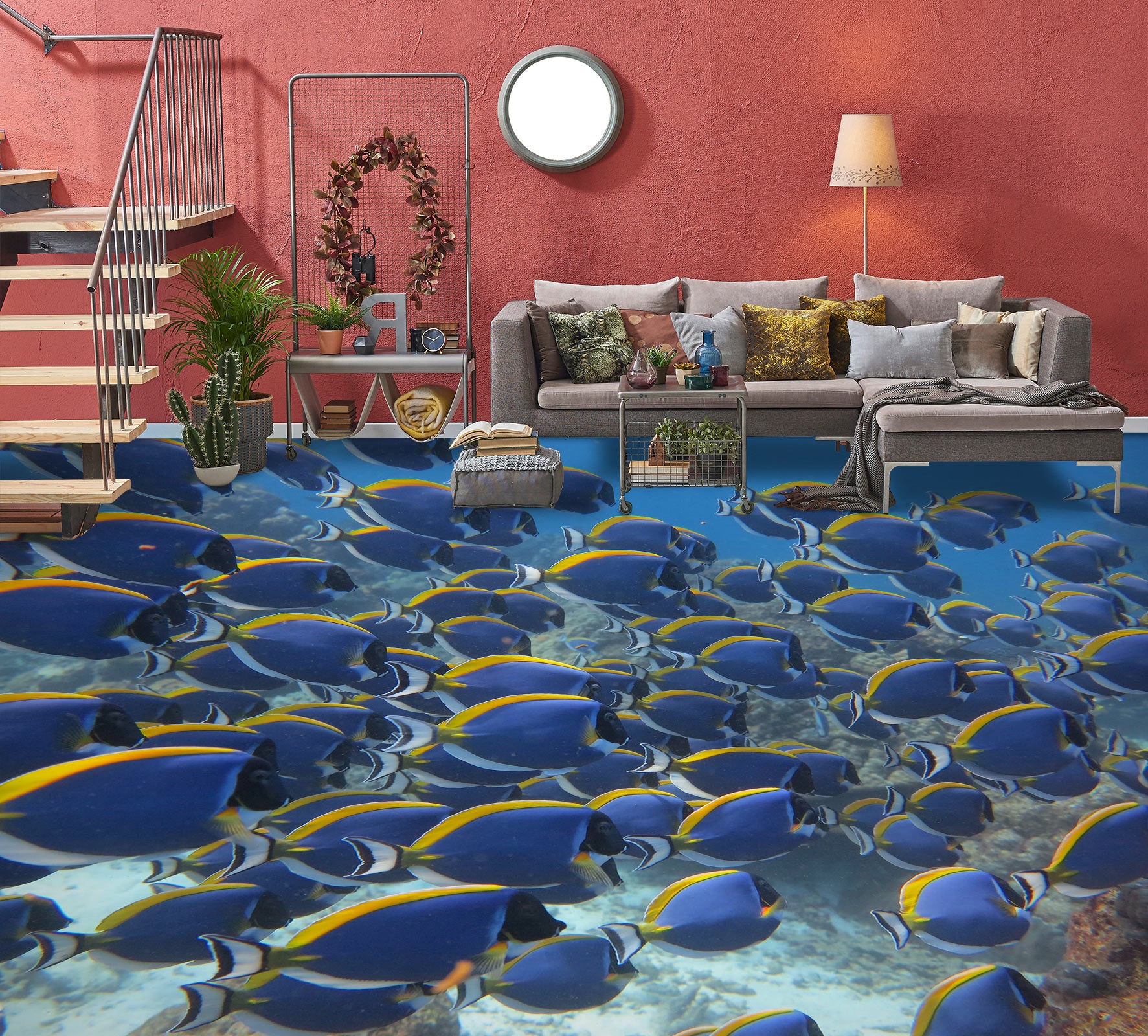 3D Blue-yellow Fish 629 Floor Mural  Wallpaper Murals Rug & Mat Print Epoxy waterproof bath floor