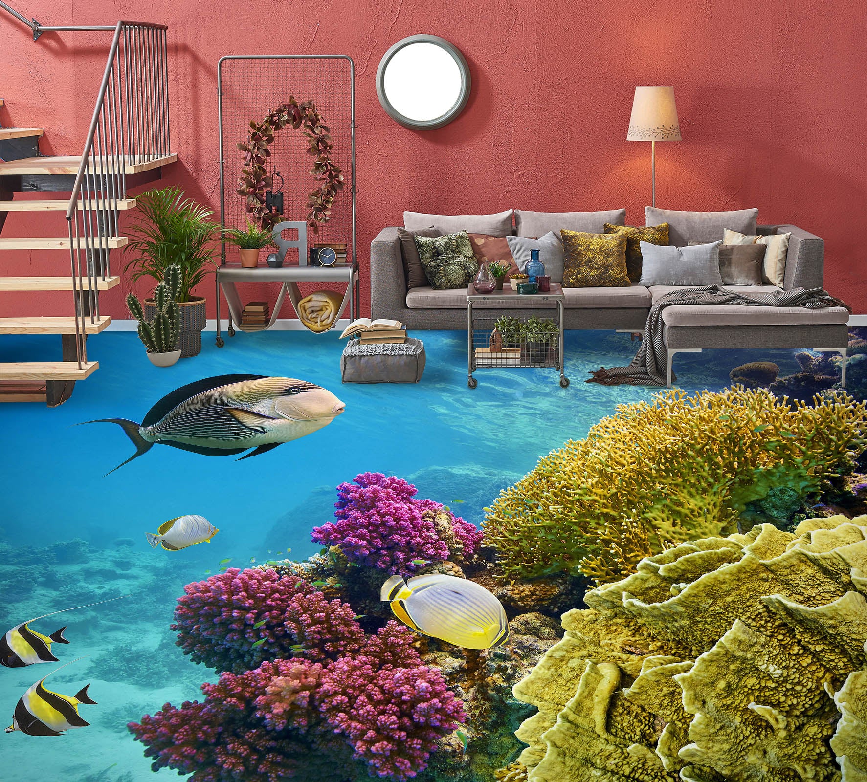 3D Pink And Yellow Coral 1412 Floor Mural  Wallpaper Murals Self-Adhesive Removable Print Epoxy