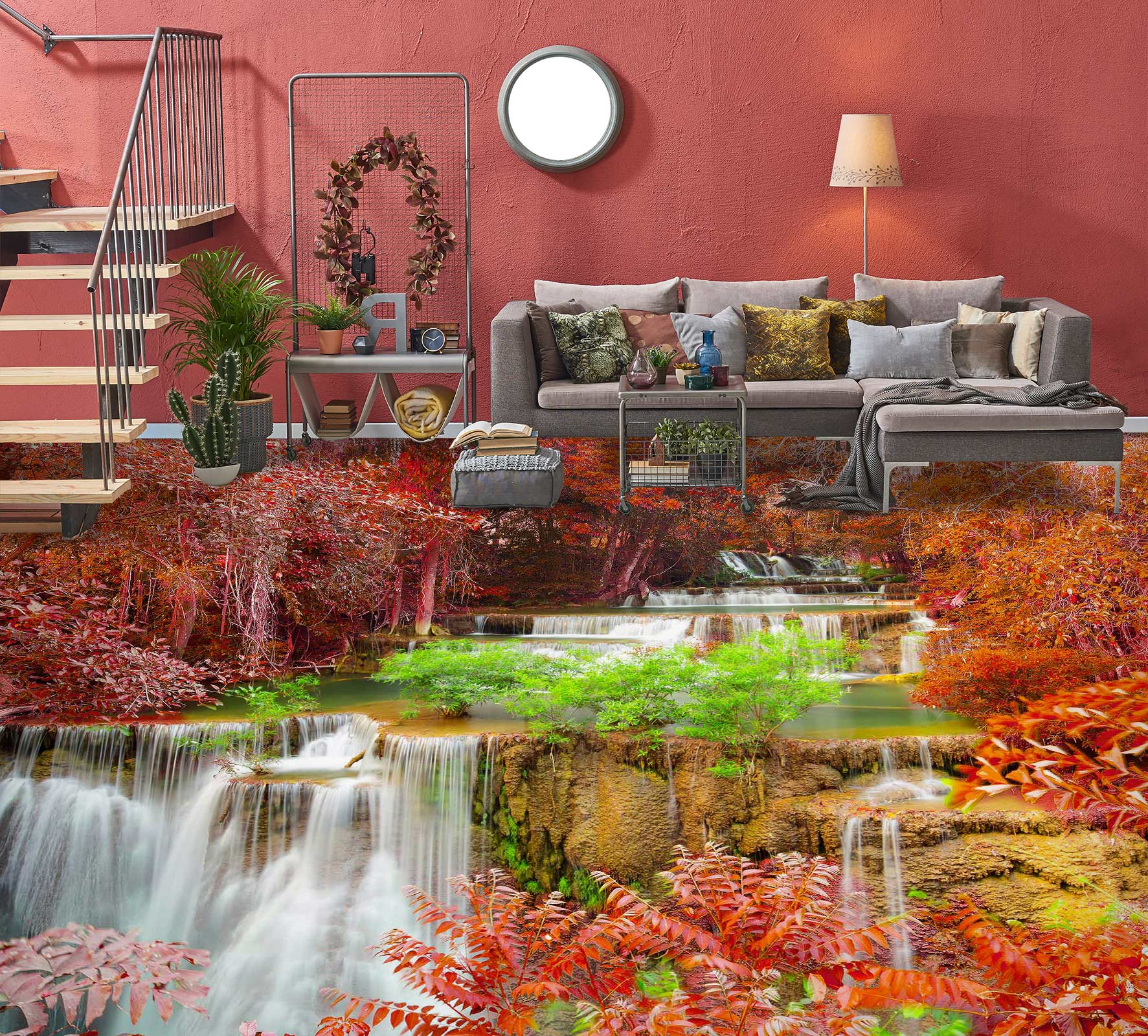 3D Autumn Red Leaves 1173 Floor Mural