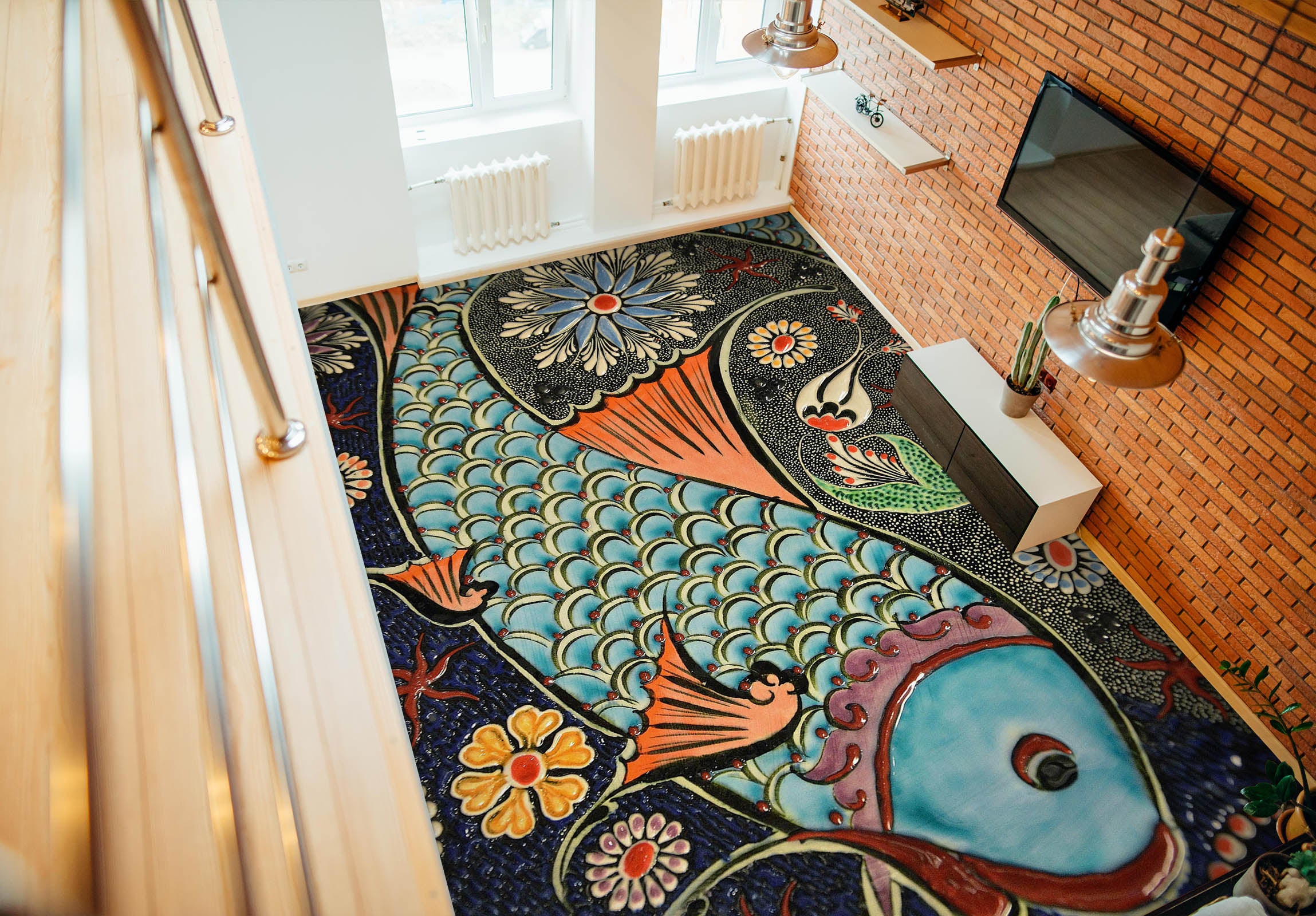 3D Auspicious Blue Fish 1508 Floor Mural