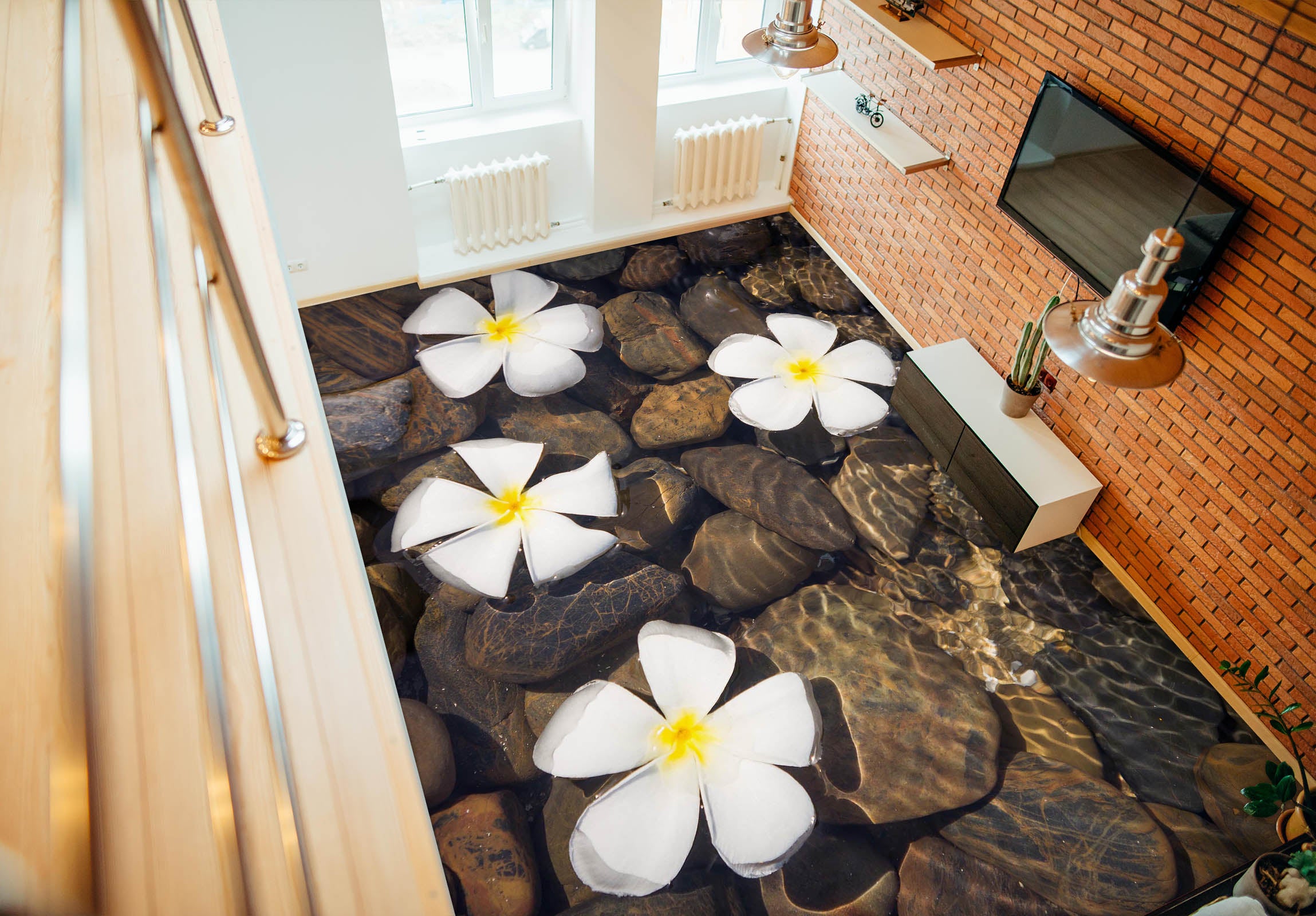 3D Three White Flowers 192 Floor Mural