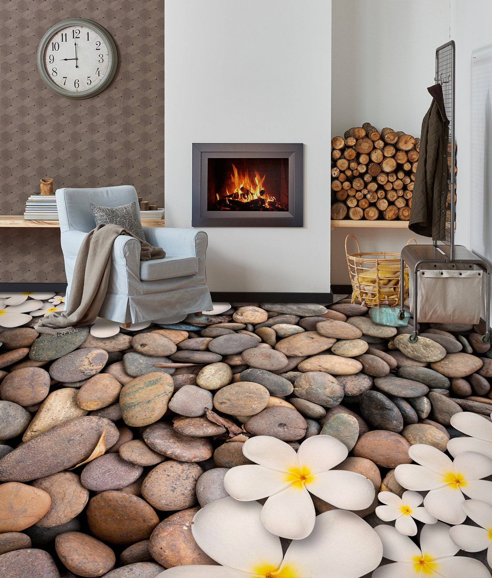 3D Stones And Gentle Flowers 1025 Floor Mural  Wallpaper Murals Self-Adhesive Removable Print Epoxy