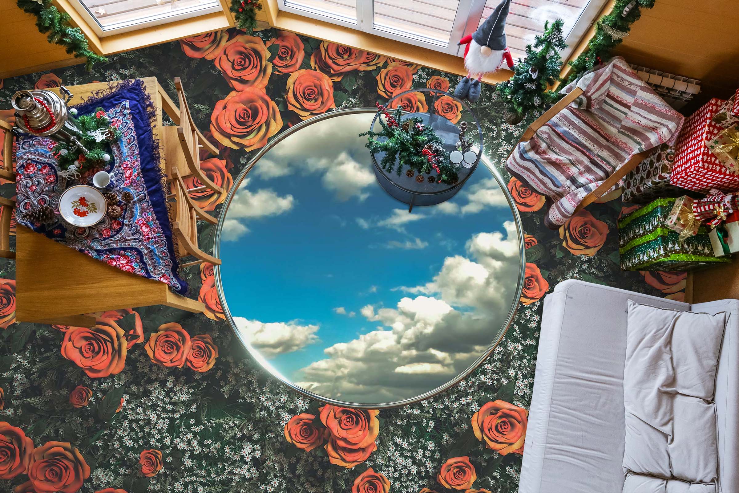 3D Red Rose And Sky 852 Floor Mural