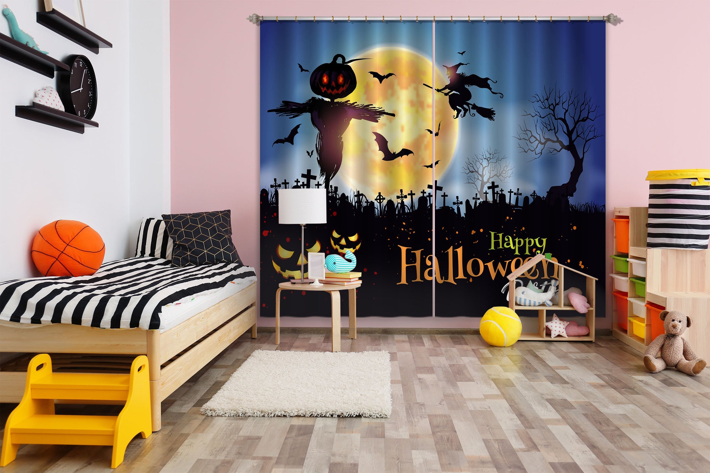 3D Cemetery Scarecrow 026 Halloween Curtains Drapes Curtains AJ Creativity Home 