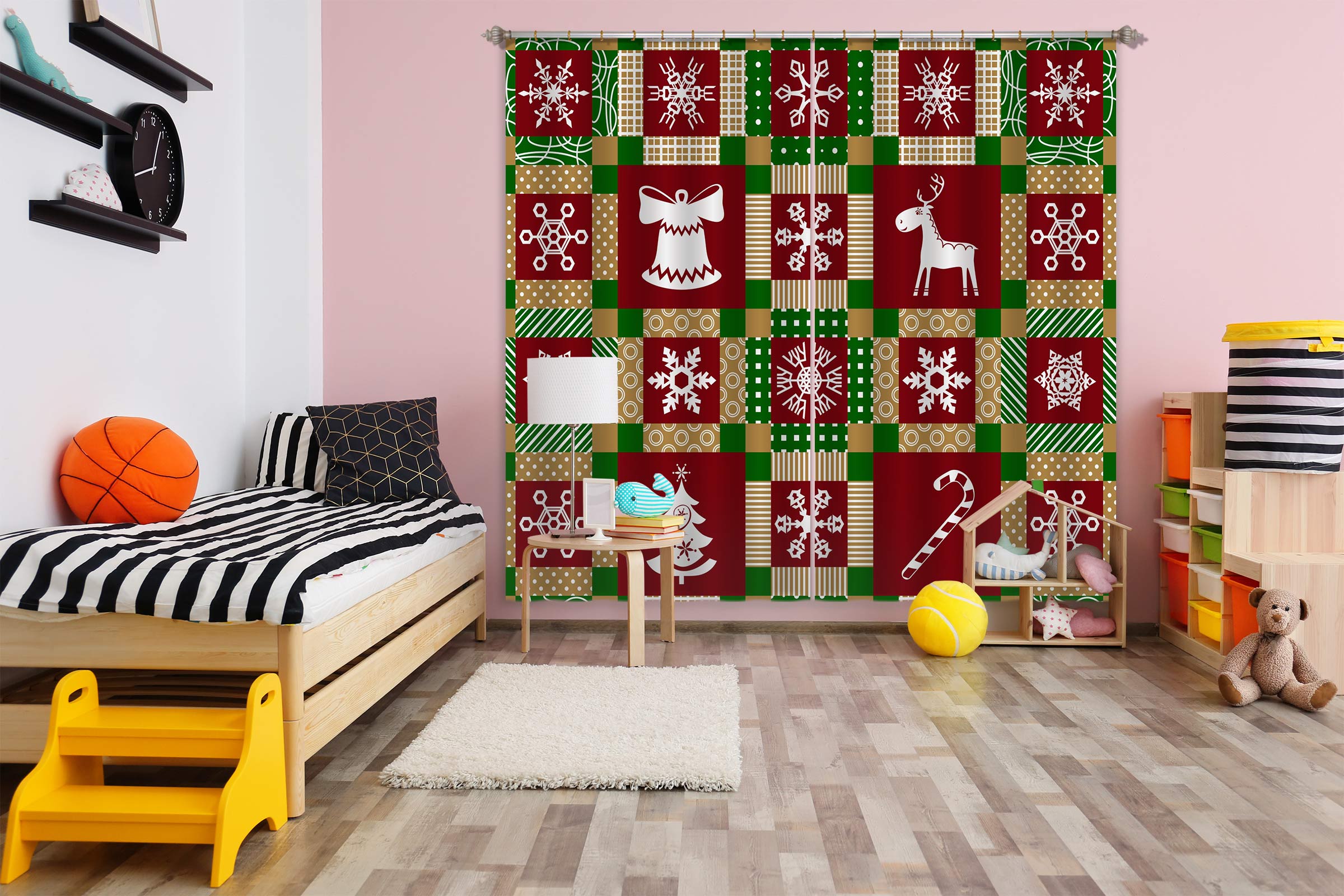 3D Snowflake Red Check Pattern 53143 Christmas Curtains Drapes Xmas