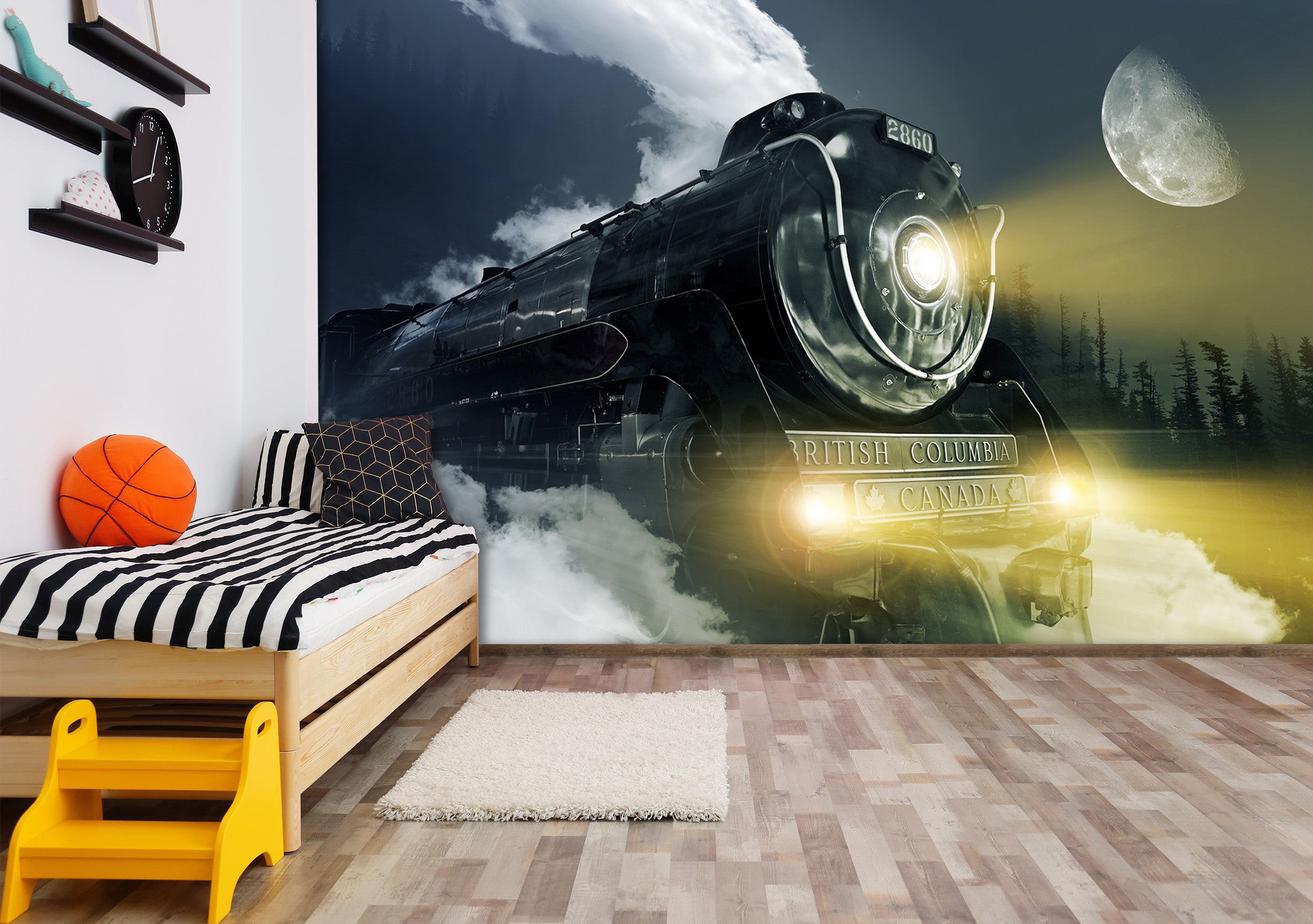 3D Moon Black Train 162 Vehicle Wall Murals