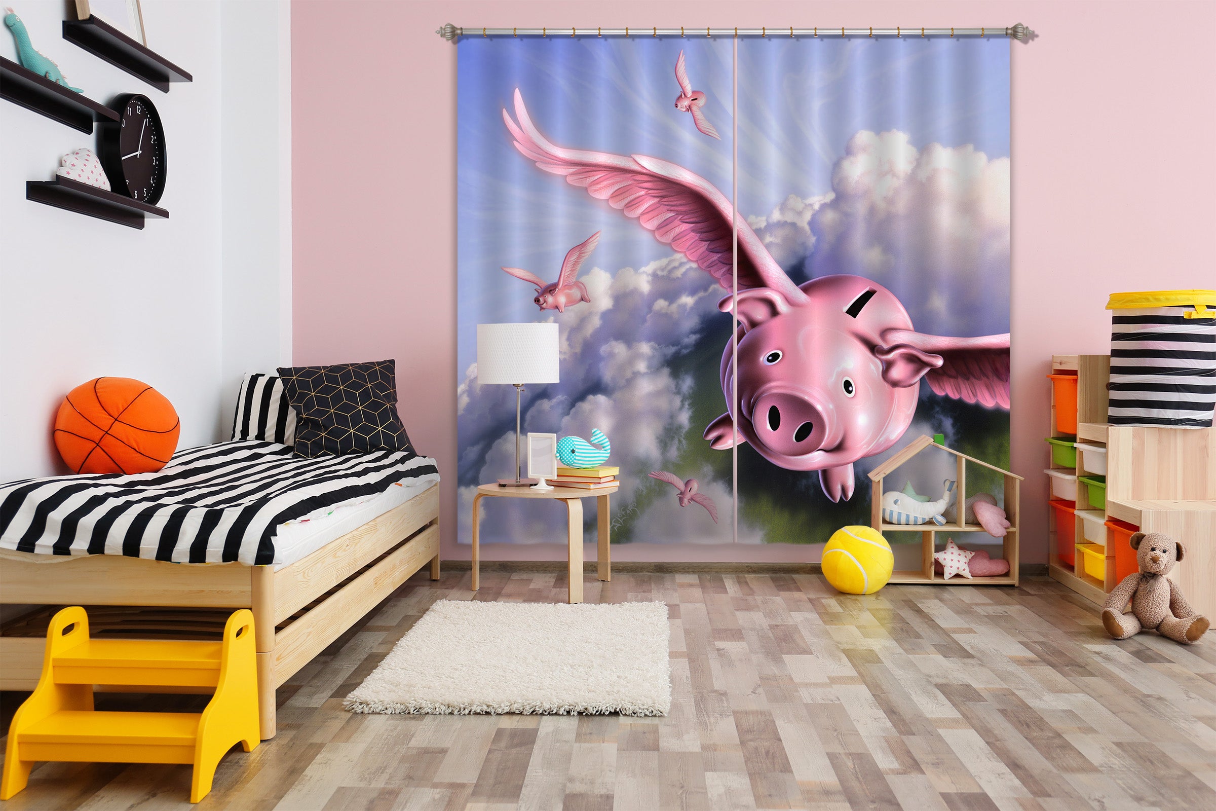 3D Flying Pig 072 Jerry LoFaro Curtain Curtains Drapes