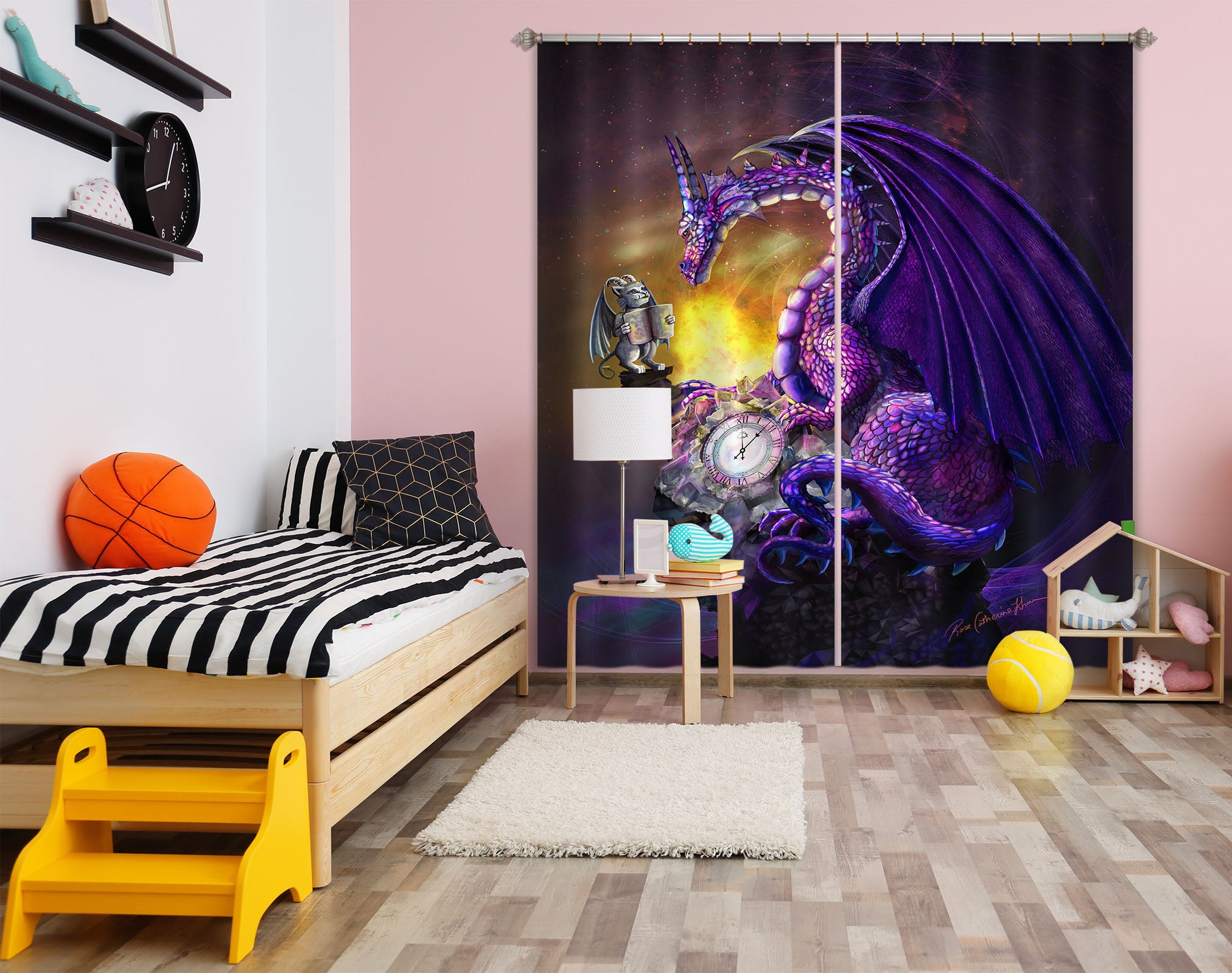 3D Dragon Clock 125 Rose Catherine Khan Curtain Curtains Drapes