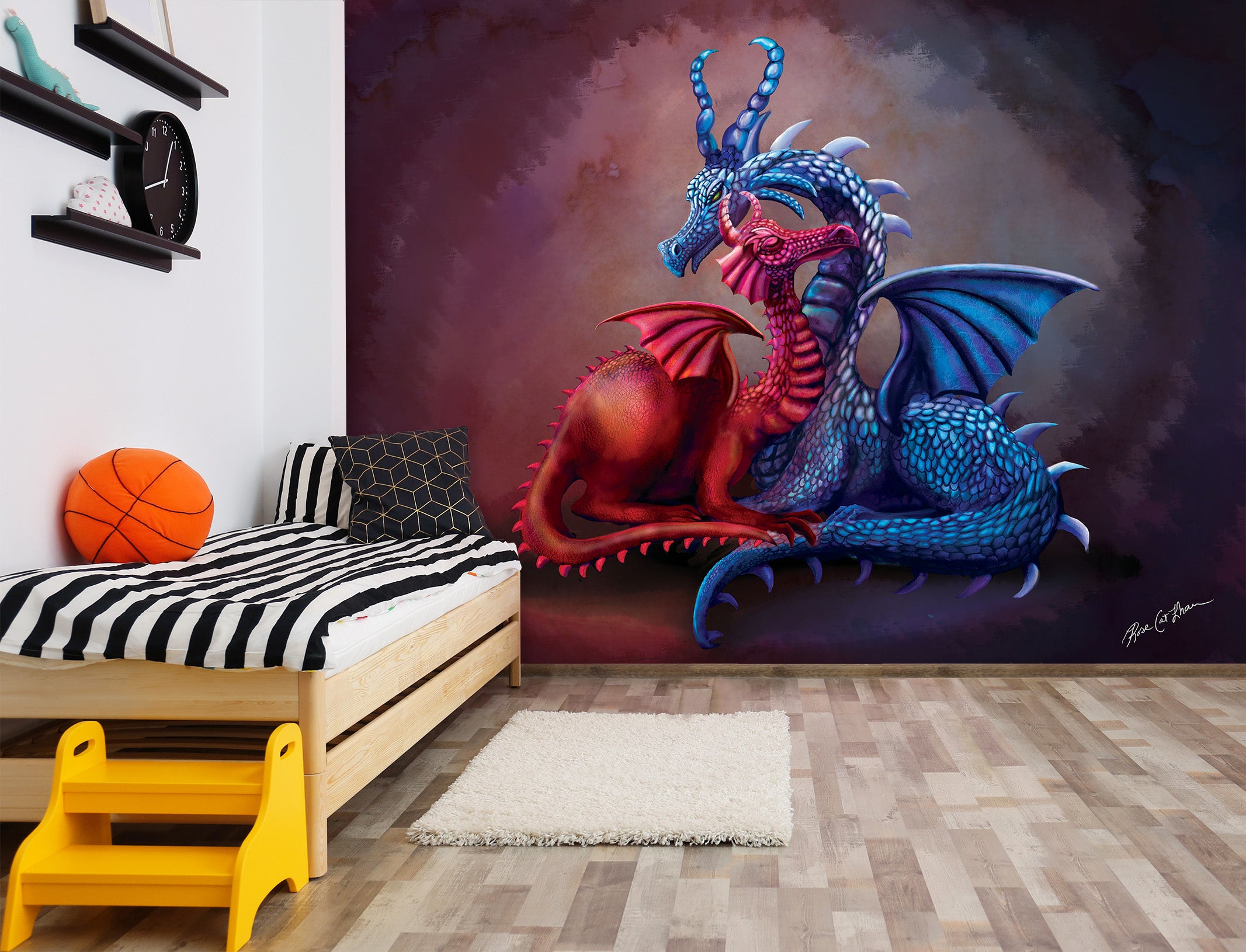 3D Two Dragons 1406 Rose Catherine Khan Wall Mural Wall Murals