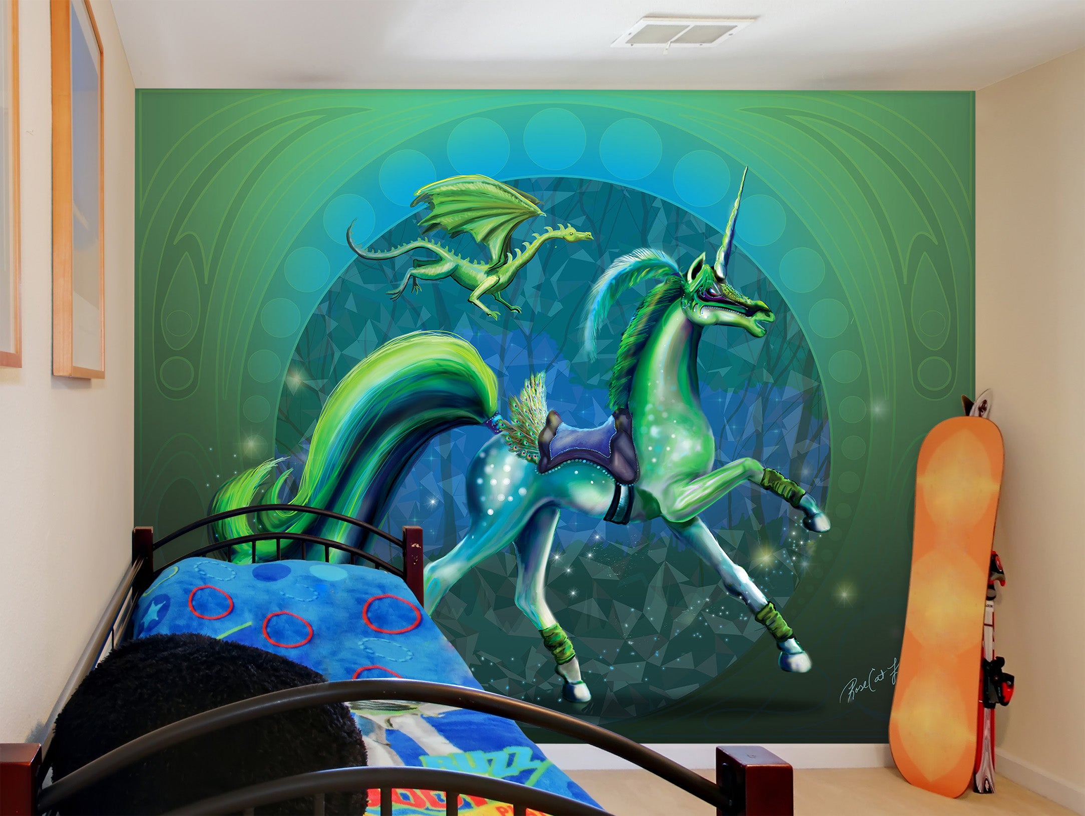 3D Green Unicorn 105 Rose Catherine Khan Wall Mural Wall Murals
