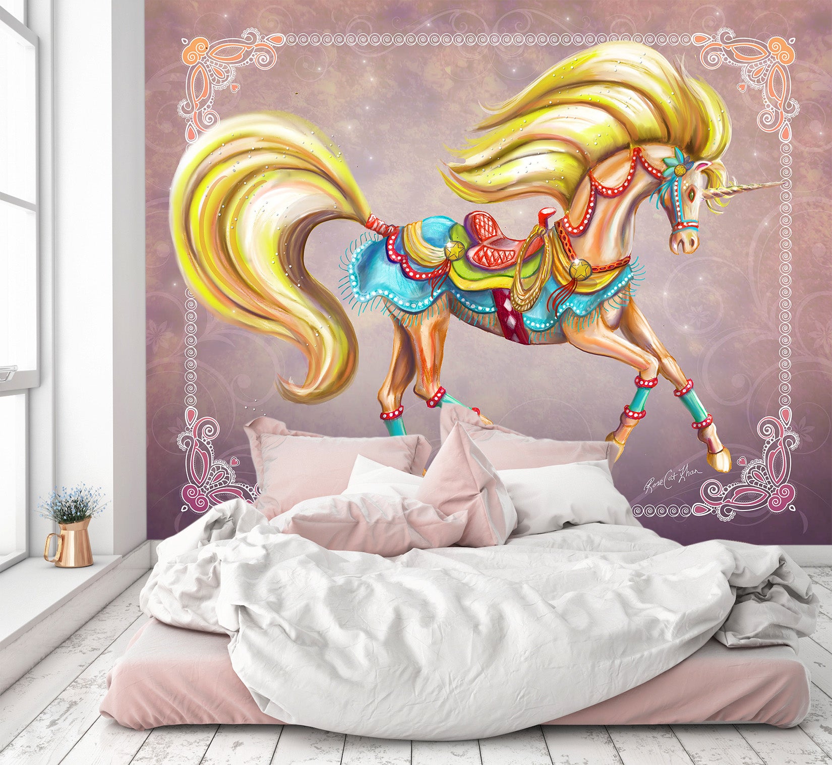 3D Golden Unicorn 106 Rose Catherine Khan Wall Mural Wall Murals