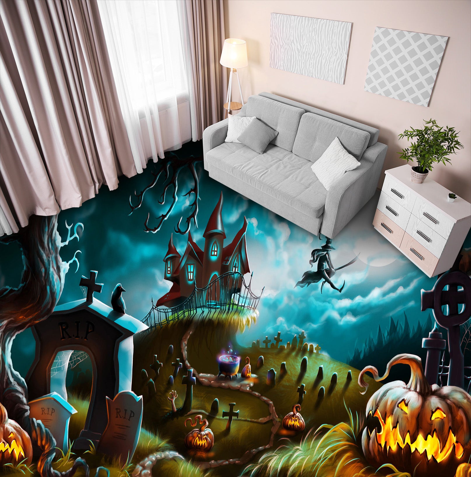 3D Halloween Castle 012 Floor Mural  Self-Adhesive Sticker Bathroom Non-slip Waterproof Flooring Murals