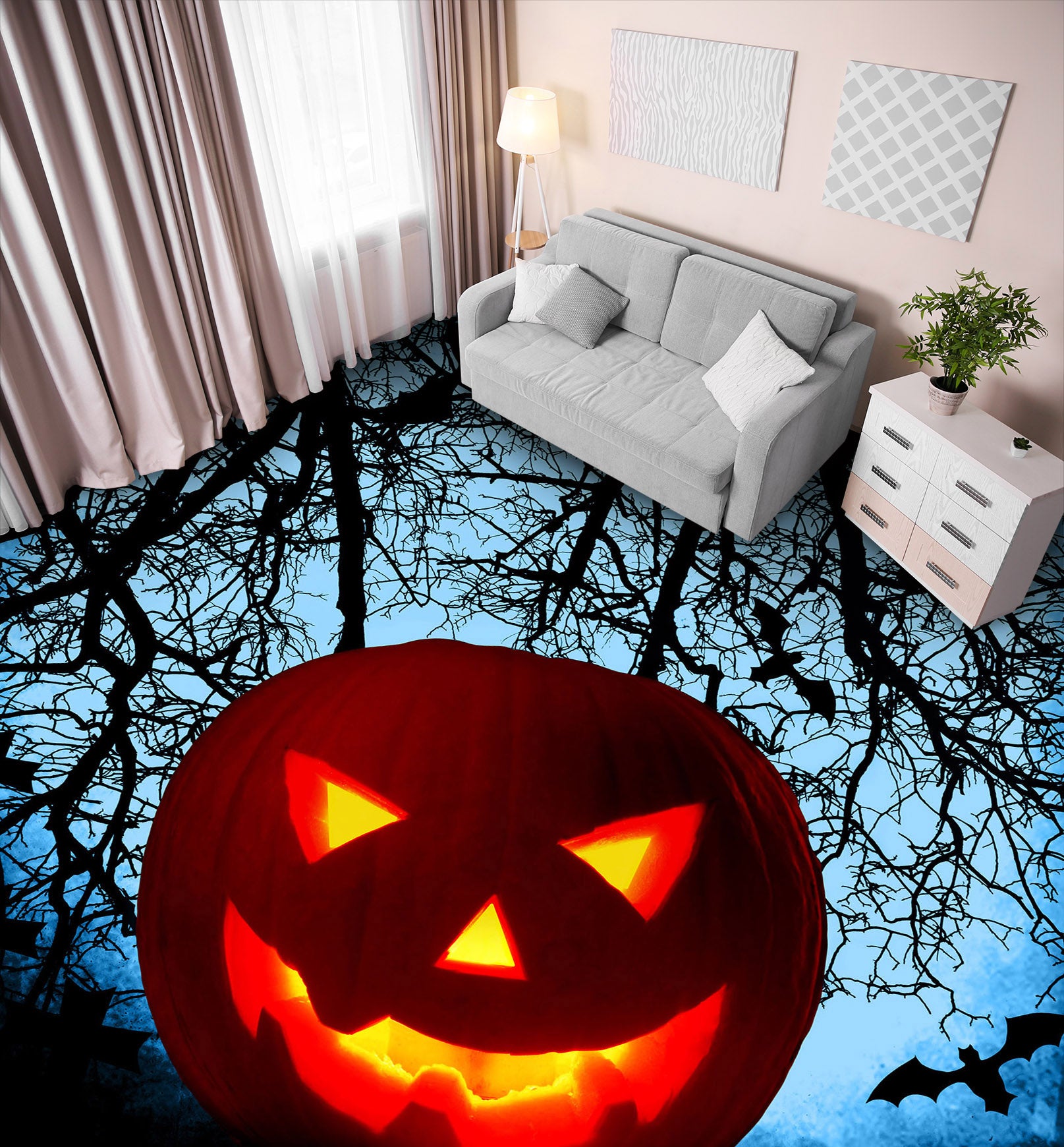 3D Dead Tree Pumpkin 006 Floor Mural  Self-Adhesive Sticker Bathroom Non-slip Waterproof Flooring Murals